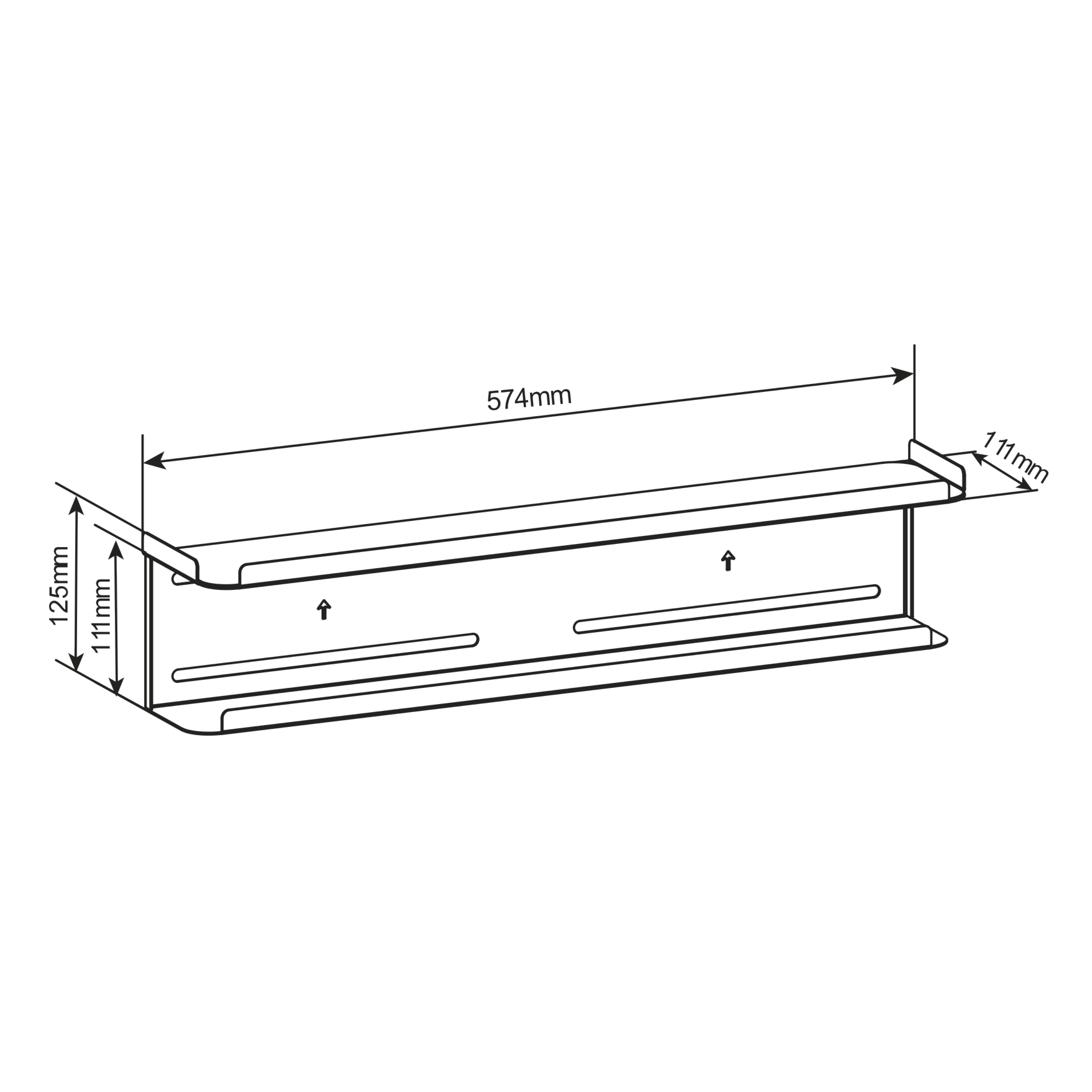 Diagrama de una estantería metálica con dimensiones: 574 mm de largo, 125 mm de alto y 111 mm de profundidad.