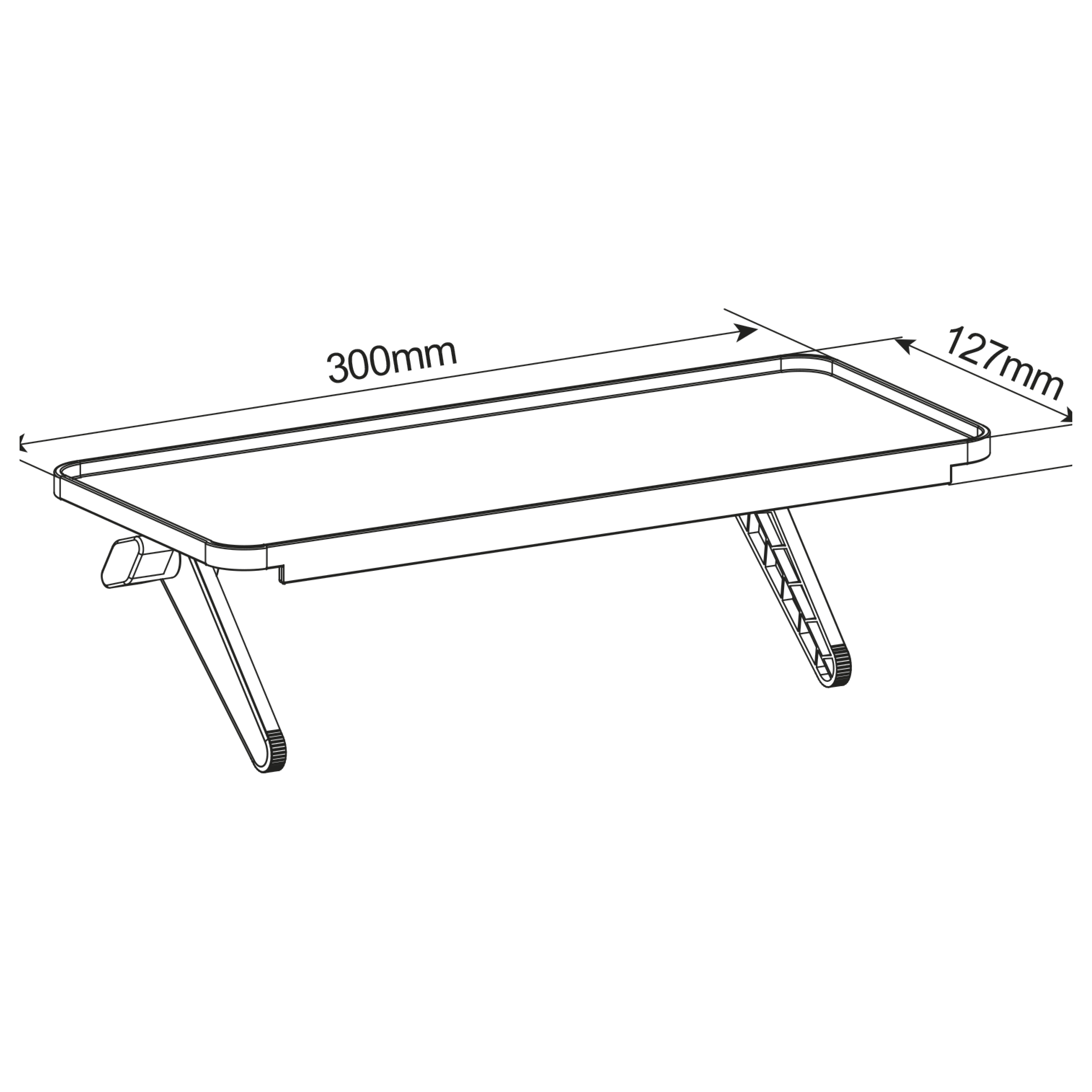 Dibujo lineal en blanco y negro de una estantería con patas. Las dimensiones están etiquetadas.