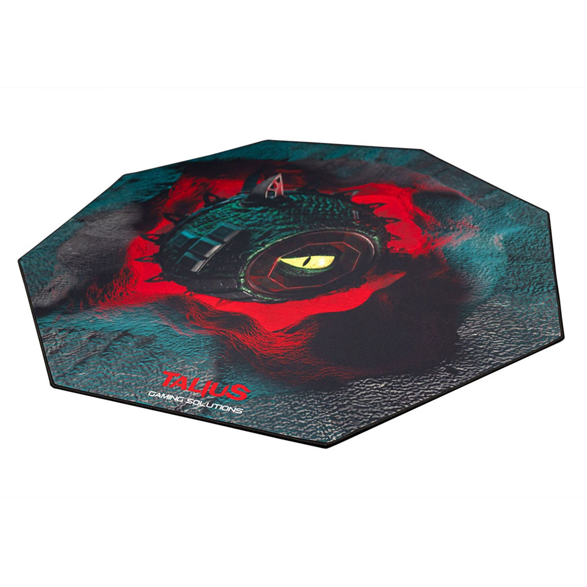 Alfombrilla de ratón hexagonal con diseño de ojo de dragón, se utilizan colores rojo y verde azulado.