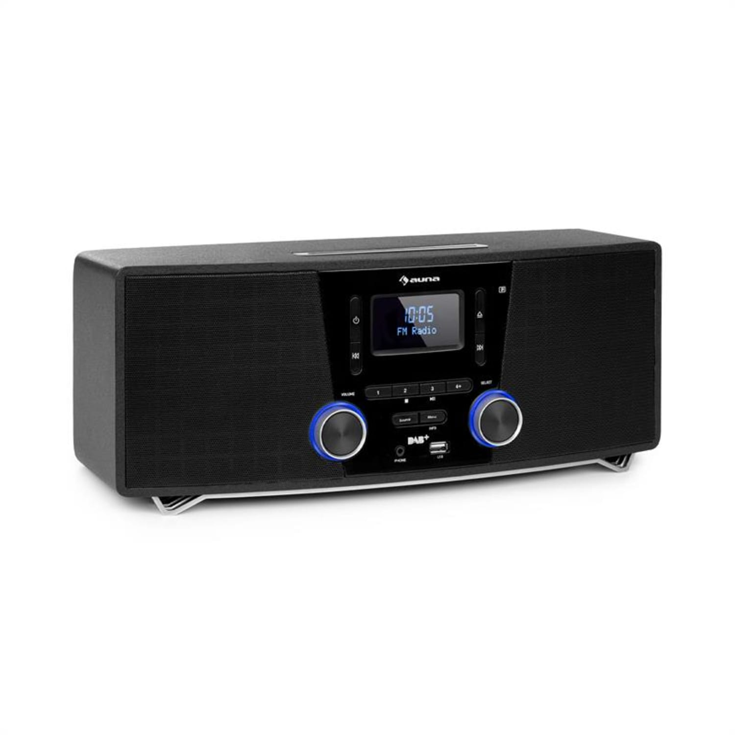 Ein schwarzes Auna DAB+ Radio mit digitaler Anzeige, Knöpfen und zwei blau beleuchteten Knöpfen. Schwarze Oberfläche.