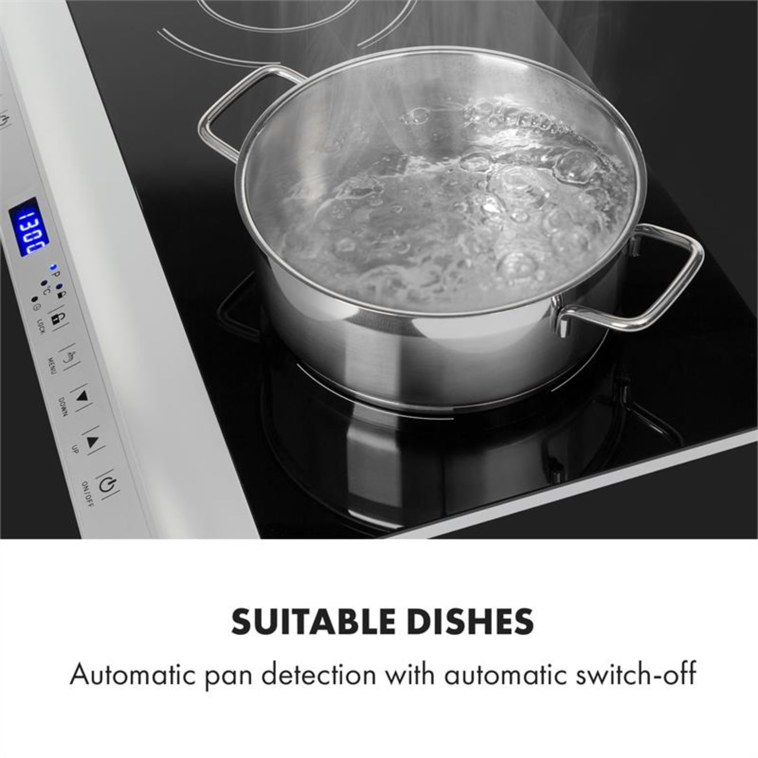 Pentola con acqua bollente su piano a induzione, testo 'SUITABLE DISHES'.