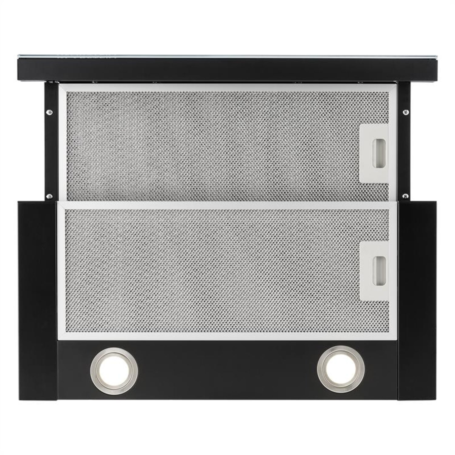 Campana extractora en blanco y negro con dos rejillas de ventilación y dos luces.