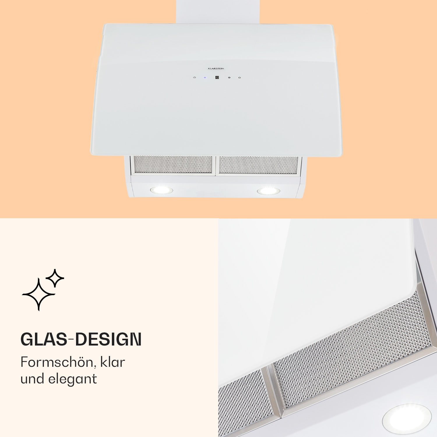 Weiße Dunstabzugshaube mit Text über Glasdesign. Nahaufnahme zeigt Metallgitter.