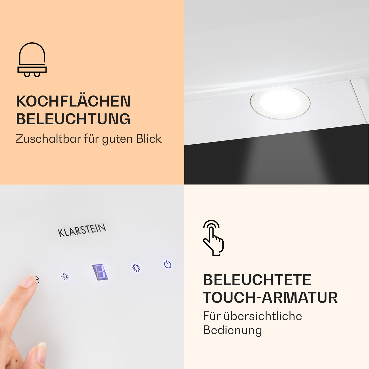 Nahaufnahme des Touchpanels einer Dunstabzugshaube, ein Finger berührt es, und ein beleuchtetes Licht.