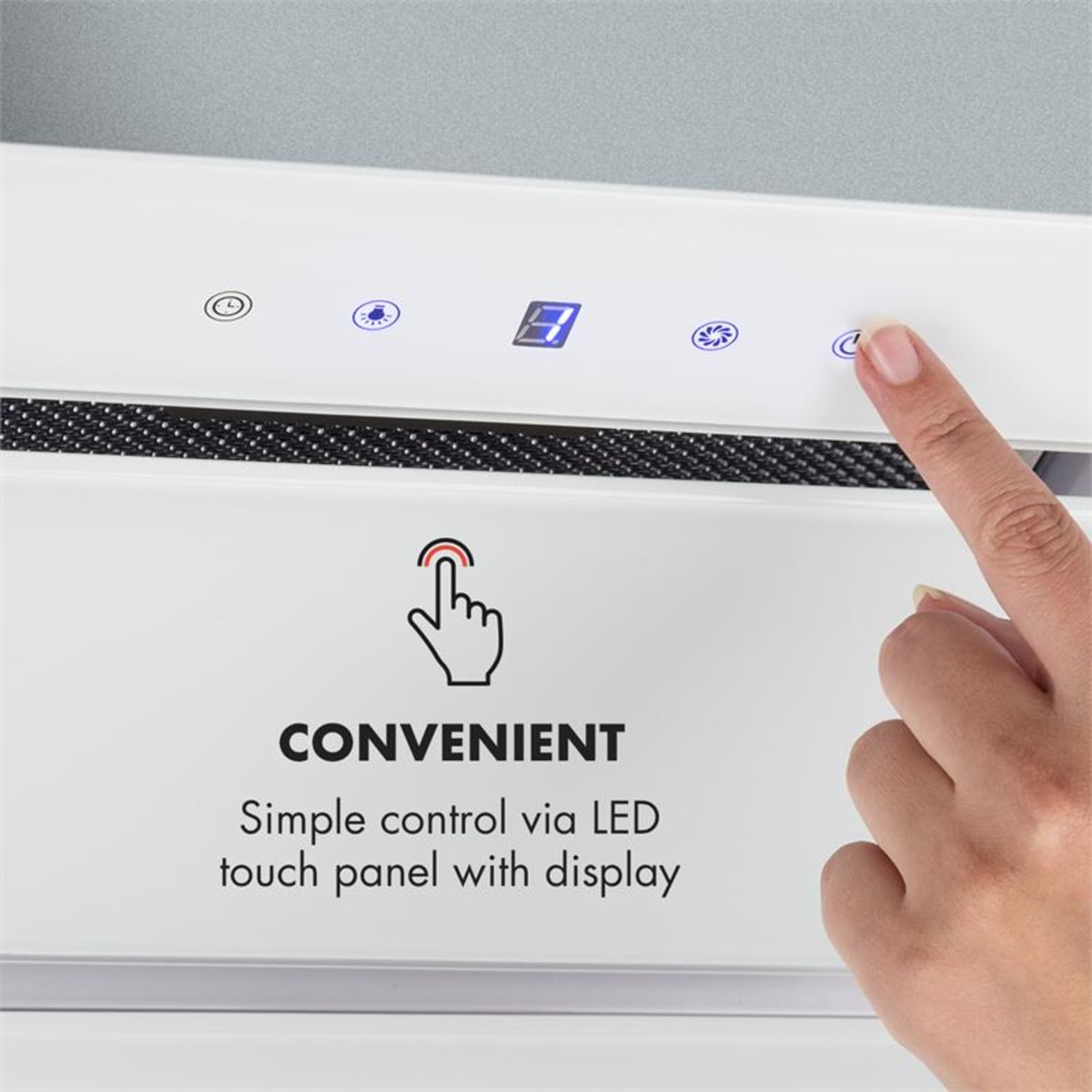 Mano che tocca un pannello a sfioramento. Testo: "Convenient" e varie icone mostrate.