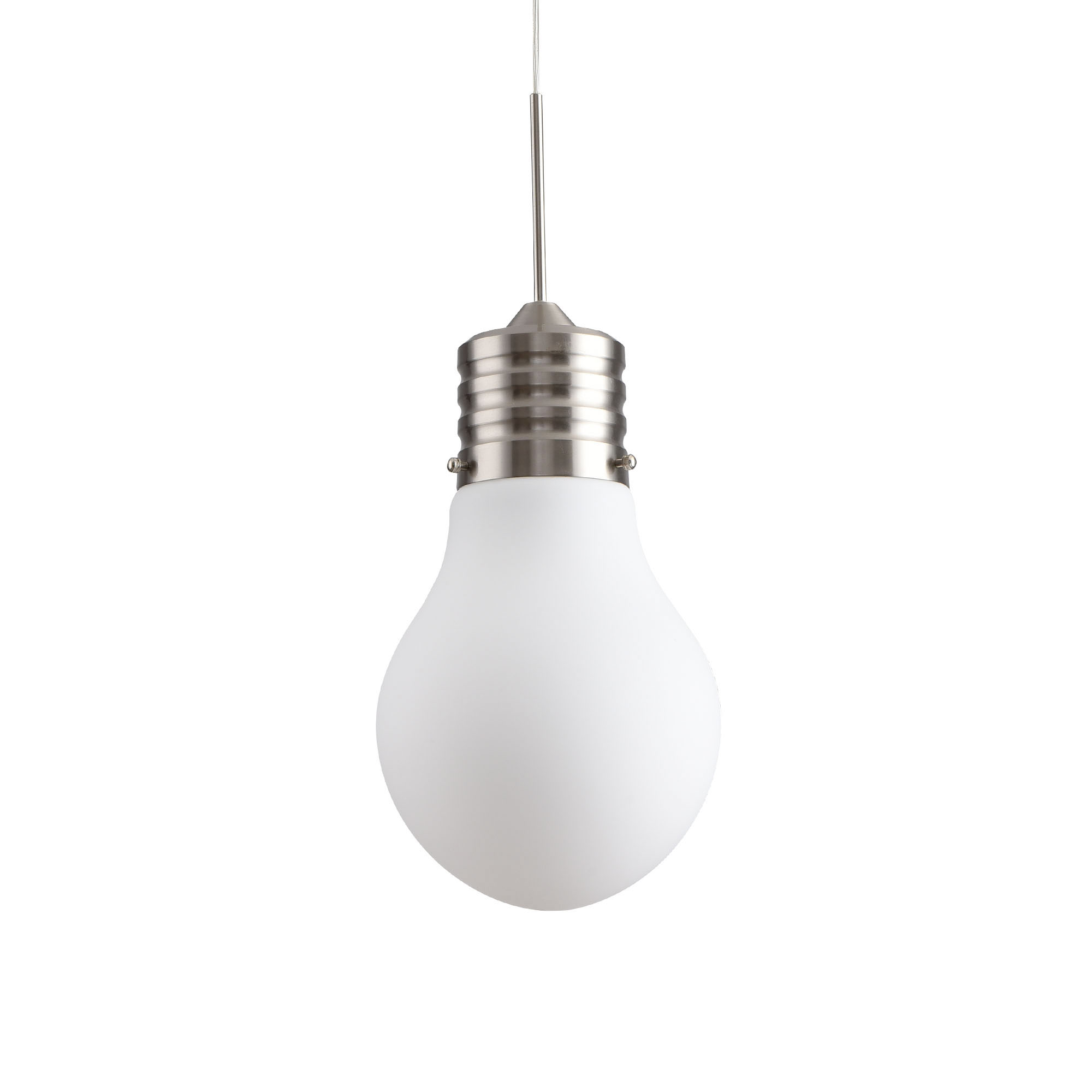 Eine weiße Glühbirnenförmige Lampe. Sie hat einen Metallsockel und einen dünnen Draht, der herabhängt.