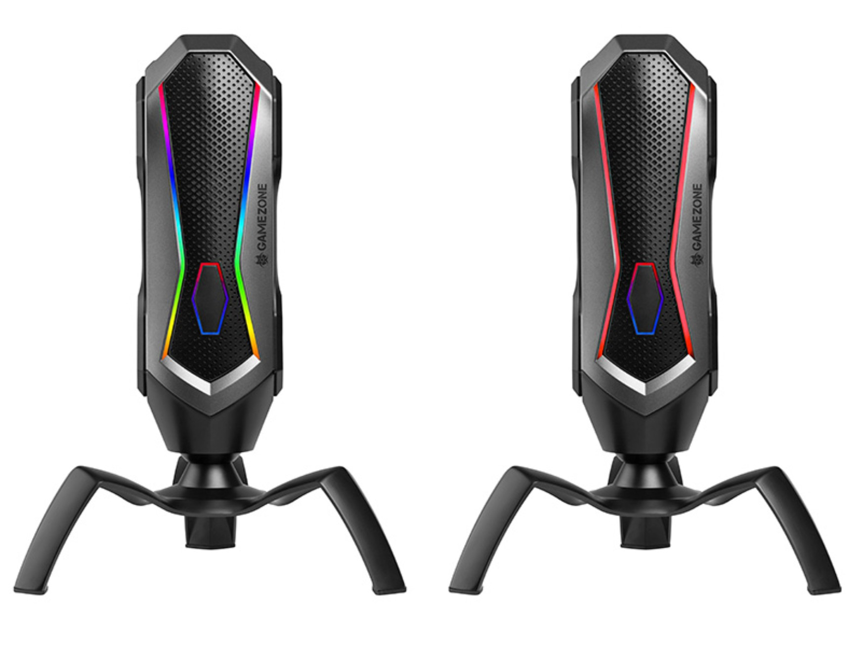 Zwei schwarze Gamezone Mikrofone auf Ständern, weißer Hintergrund, mit LED-Leuchten.