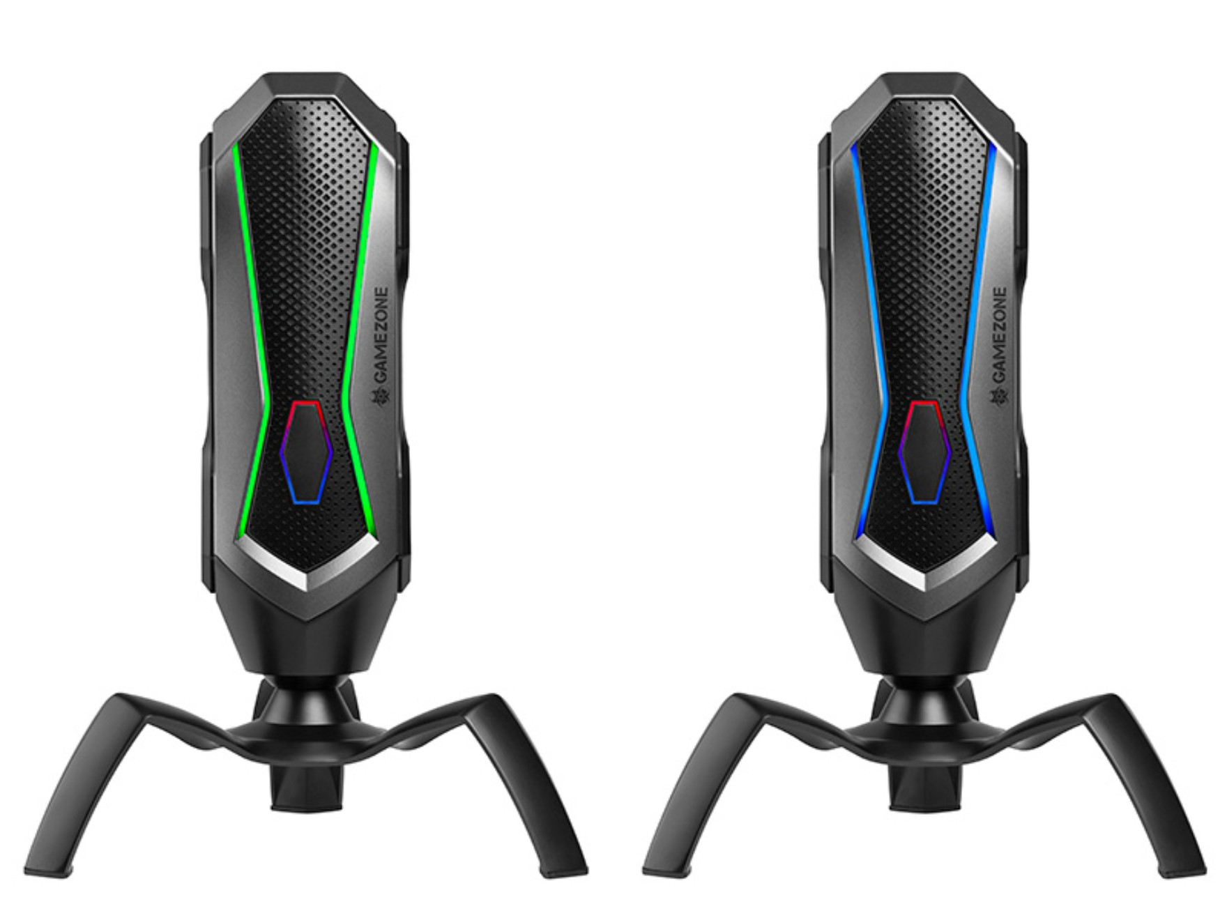 Zwei Gaming-Mikrofone, schwarz und grau, mit bunten LED-Leuchten, auf weißem Hintergrund.
