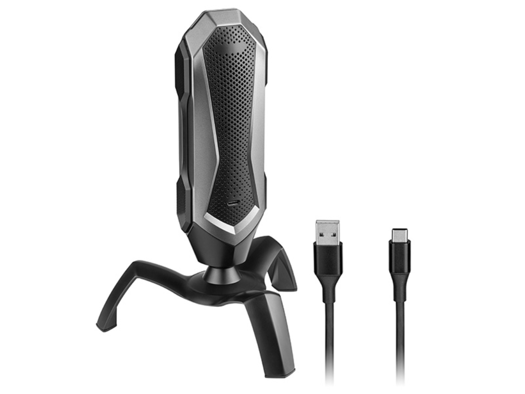 Ein schwarzes und graues Mikrofon auf einem Ständer, mit zwei USB-Kabeln. Weißer Hintergrund.