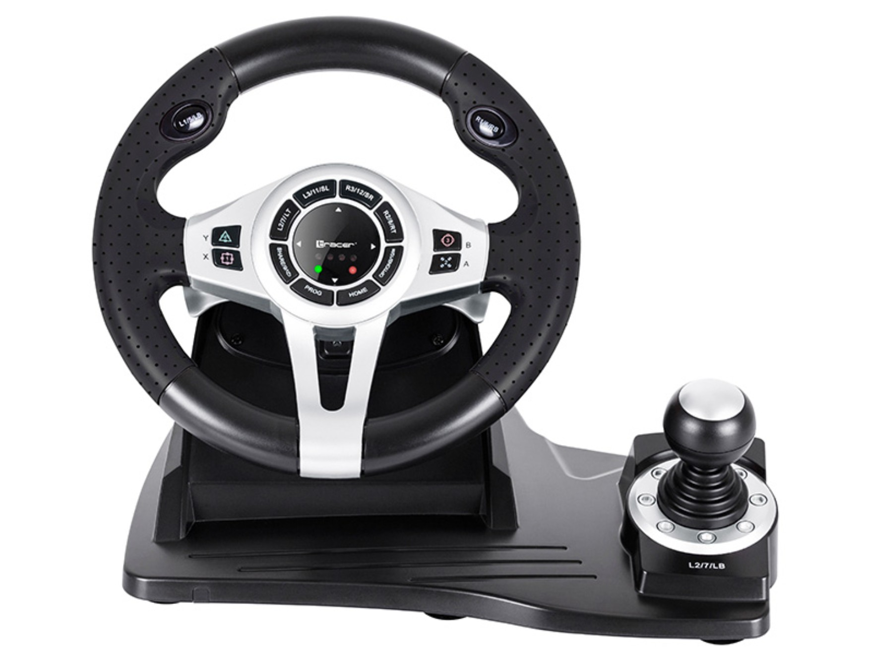 Ein schwarzes Rennlenkrad mit Joystick. Es hat verschiedene Tasten und ein Logo in der Mitte.