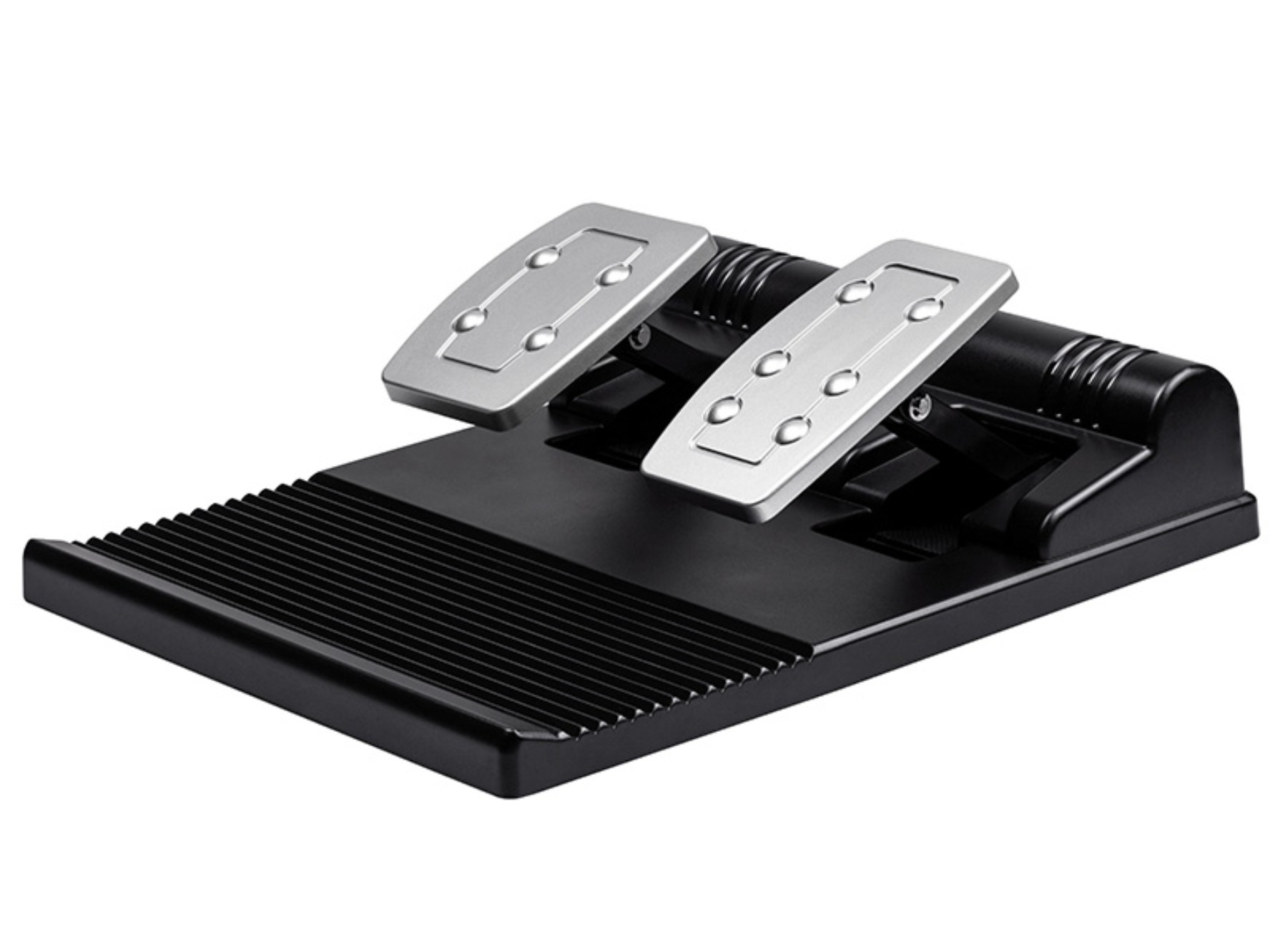 Ein schwarzes Gaming-Pedal-Set mit zwei silbernen Pedalen auf strukturierter Basis.