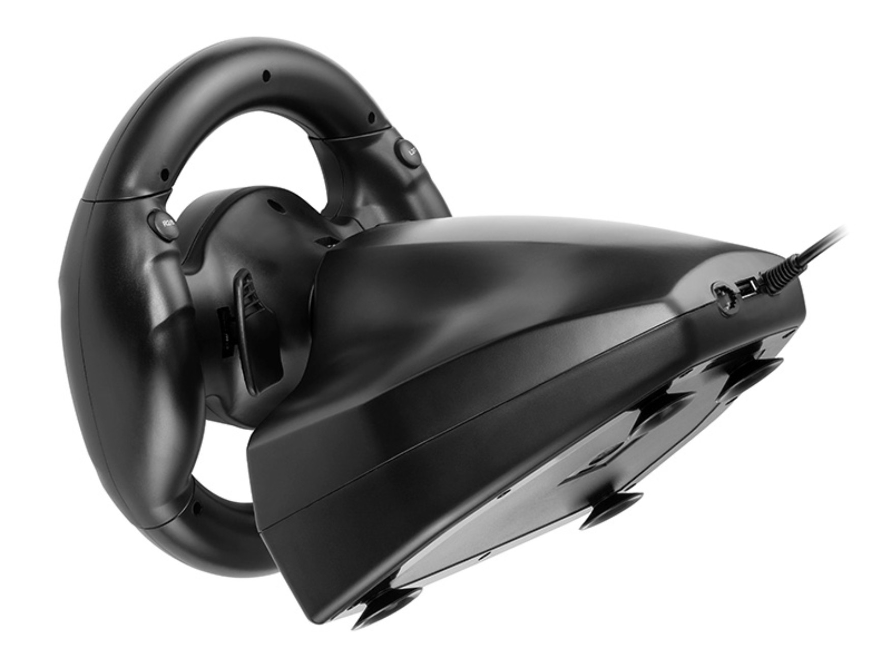 Czarna kierownica z przyssawkami pod spodem, na białym tle.