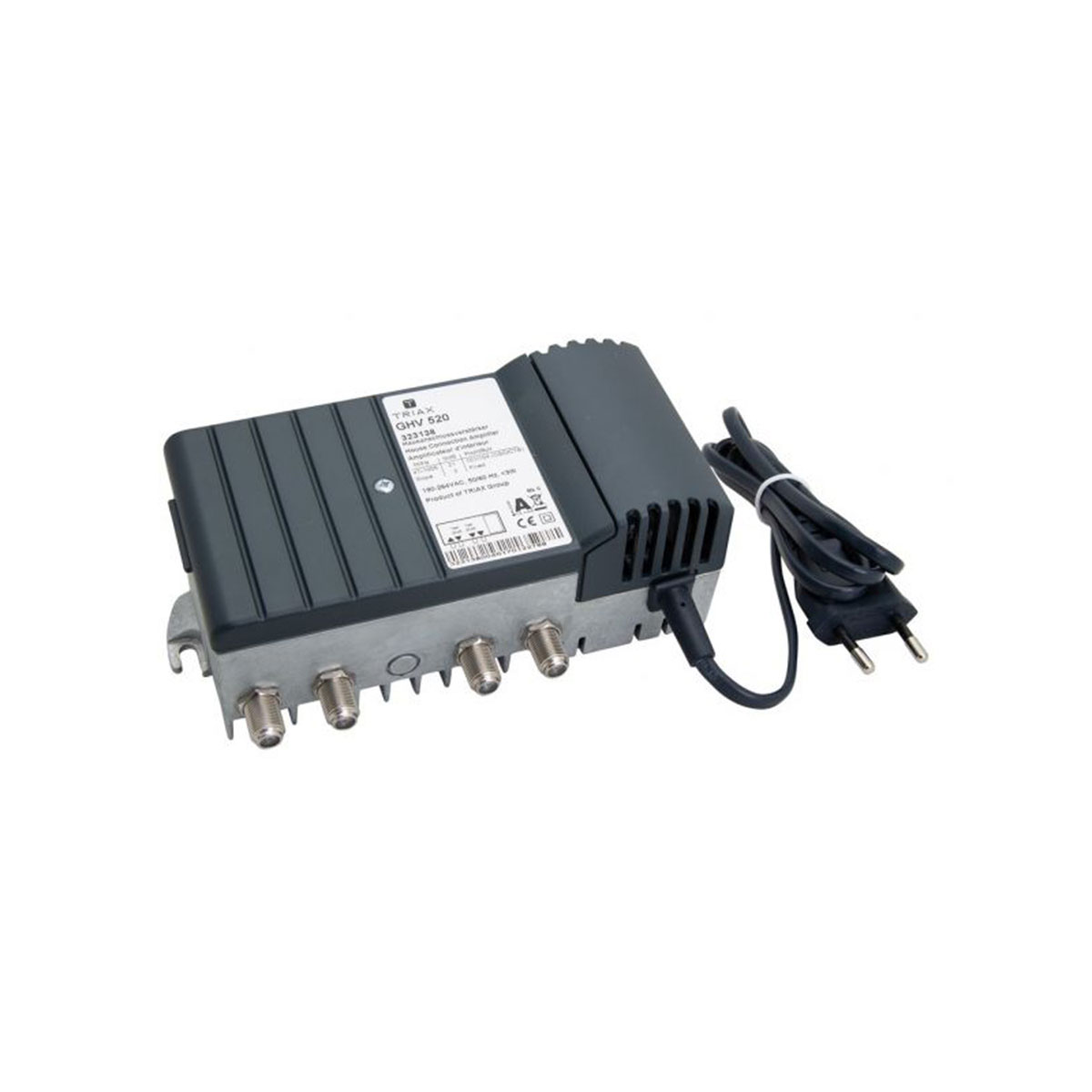 Eine graue Box mit Anschlüssen und einem Netzkabel. Es ist auf weißem Hintergrund.