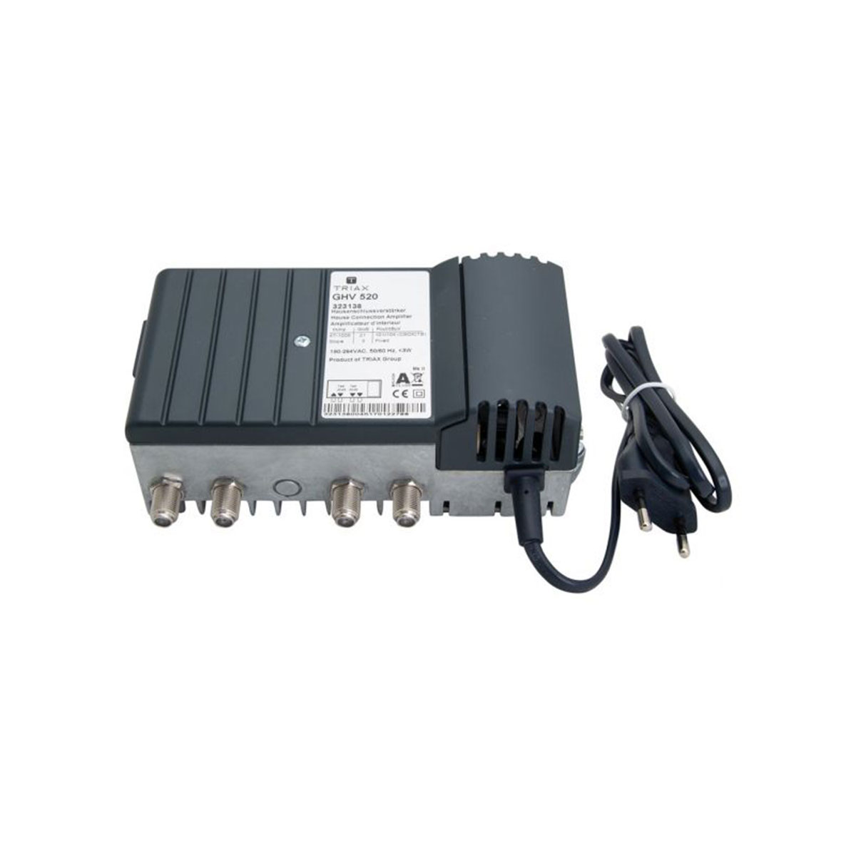 Schwarzer TV-Tuner mit schwarzem Kabel und Stecker, isoliert auf weißem Hintergrund.