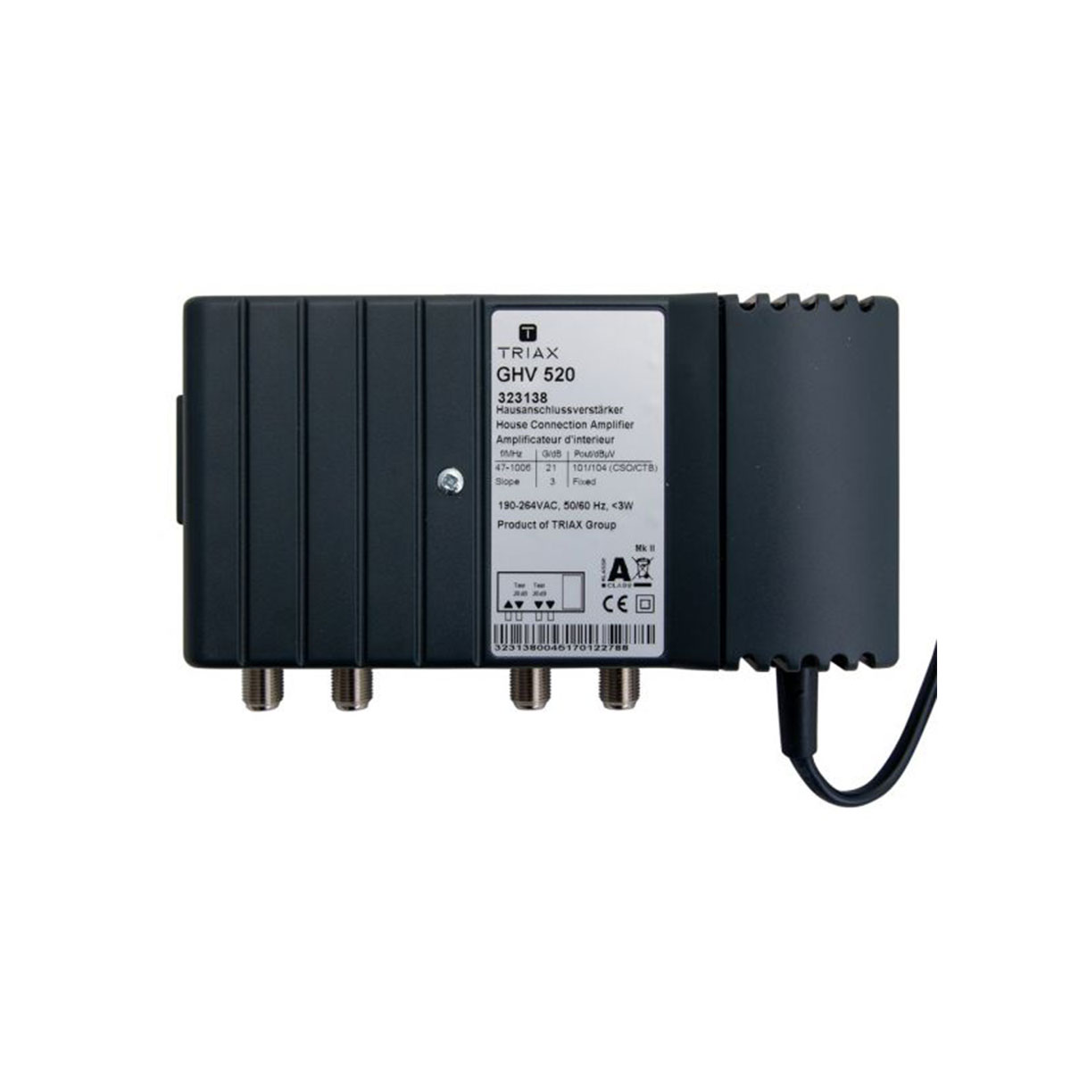 Ein schwarzes elektronisches Gerät mit mehreren Anschlüssen und einem Etikett.
