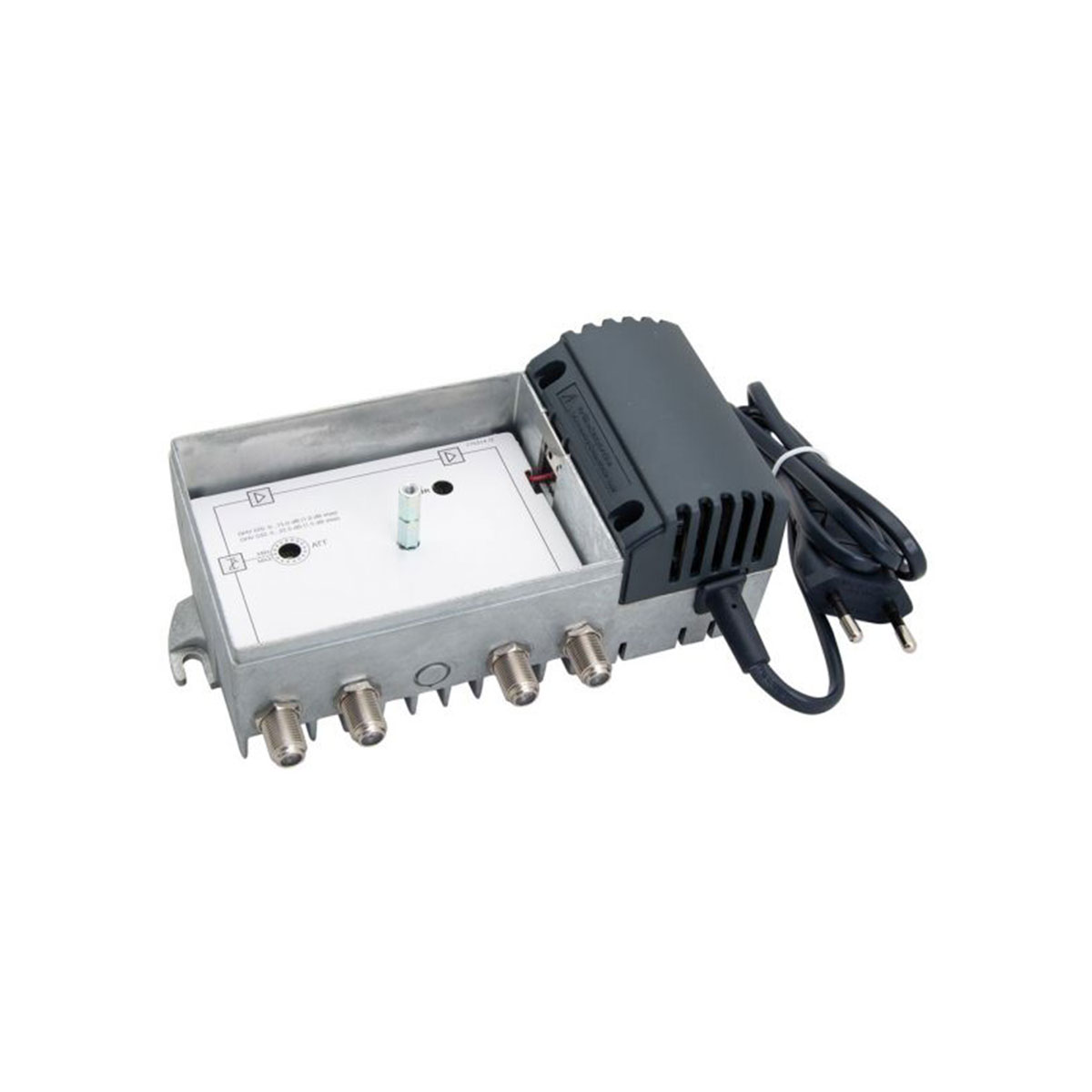 Schwarzes und silbernes Netzteil mit Stecker. Hat mehrere Ausgangsanschlüsse.