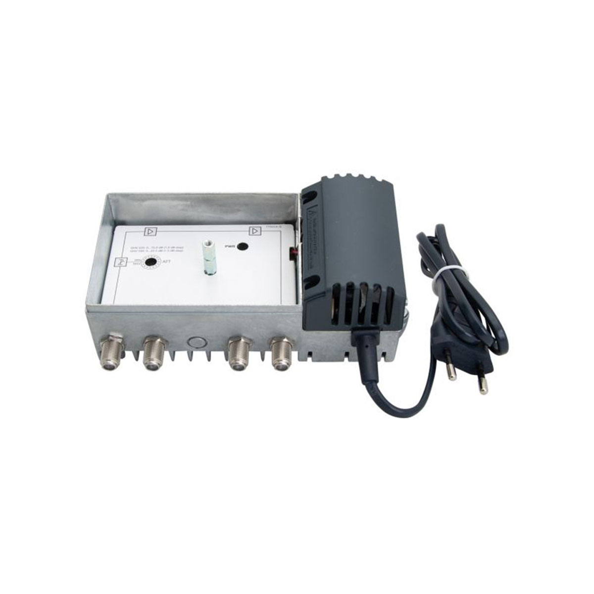 Metallbox mit mehreren Anschlüssen und einem Netzteil. Schwarzes Netzkabel mit Stecker.