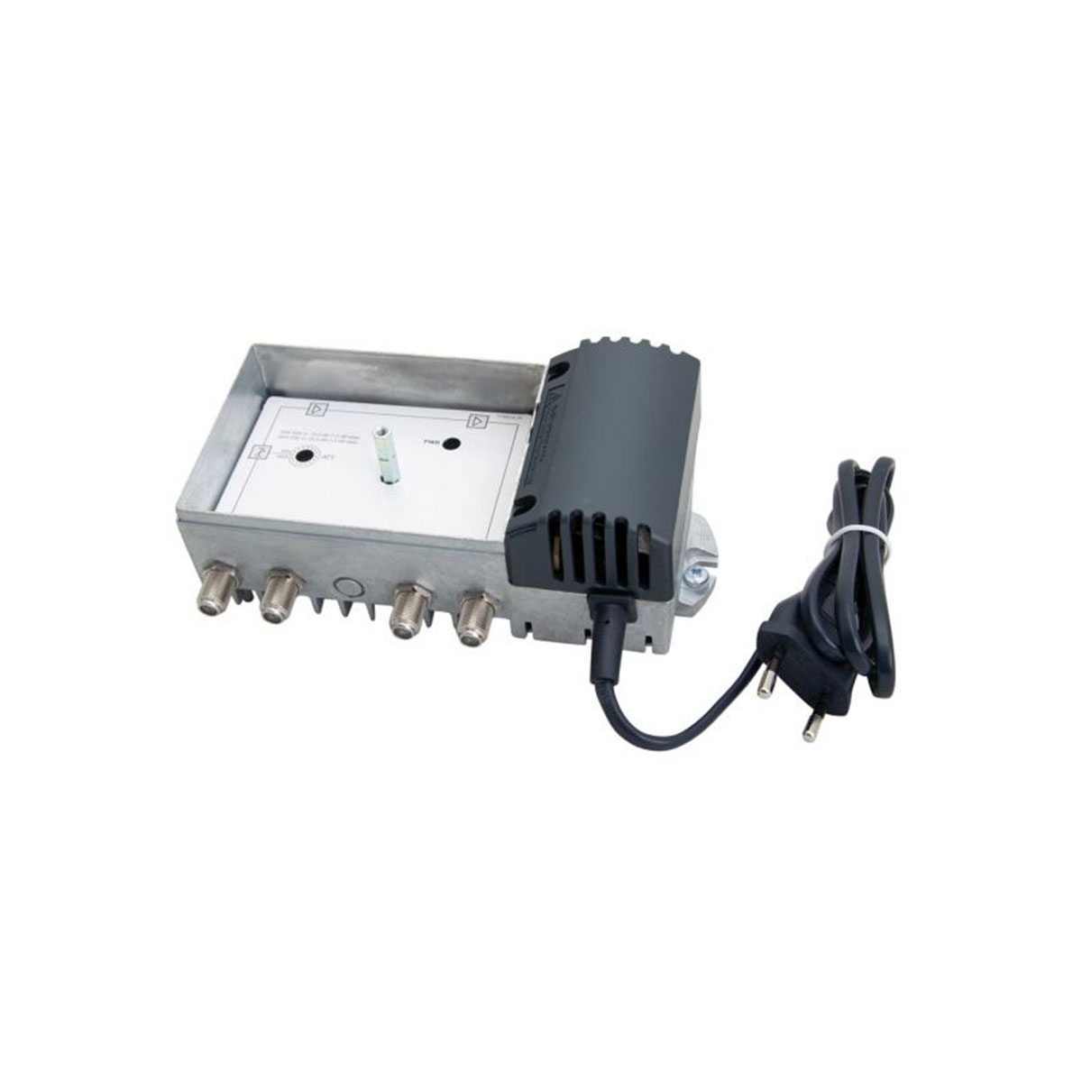 Silberne elektronische Komponente mit schwarzem Kabel und Stecker. Weißer Hintergrund.