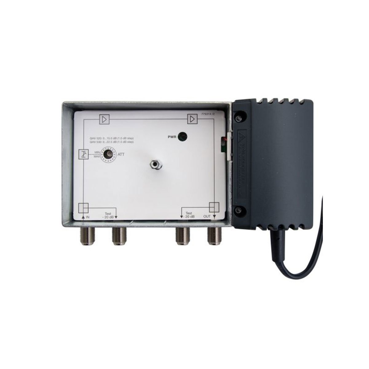Eine schwarze Box mit Anschlüssen und einem schwarzen Stecker an der Seite.