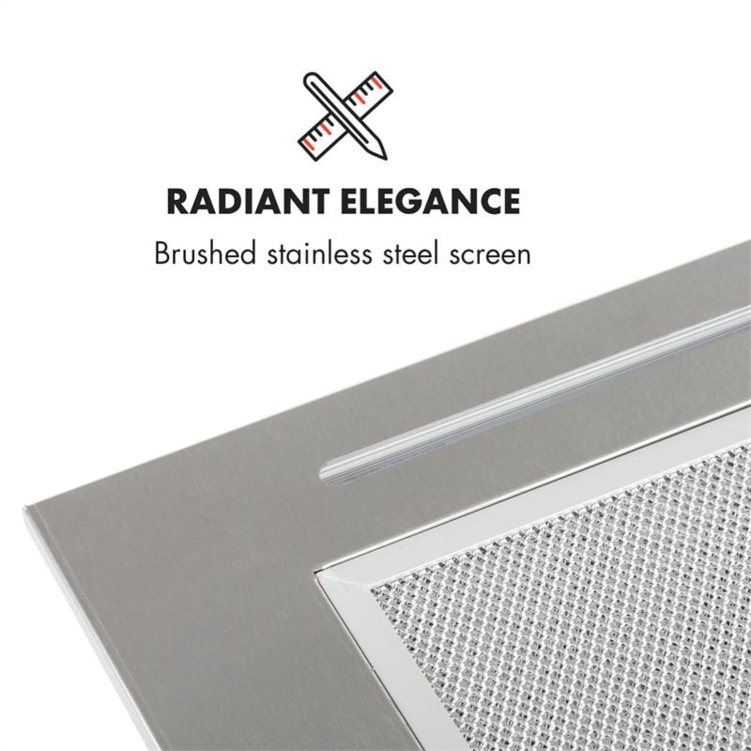 Primer plano de un filtro de acero inoxidable cepillado. El texto es 'RADIANT ELEGANCE'.