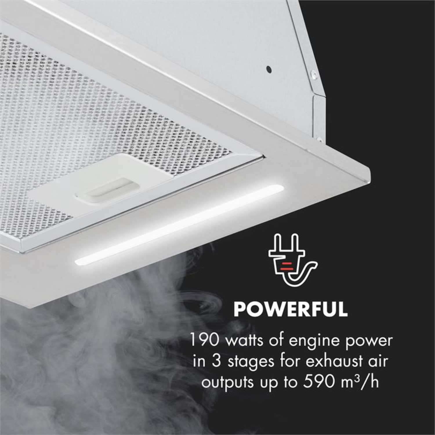 Campana extractora blanca, texto: Potente, 190W de potencia del motor, 590 m³/h.