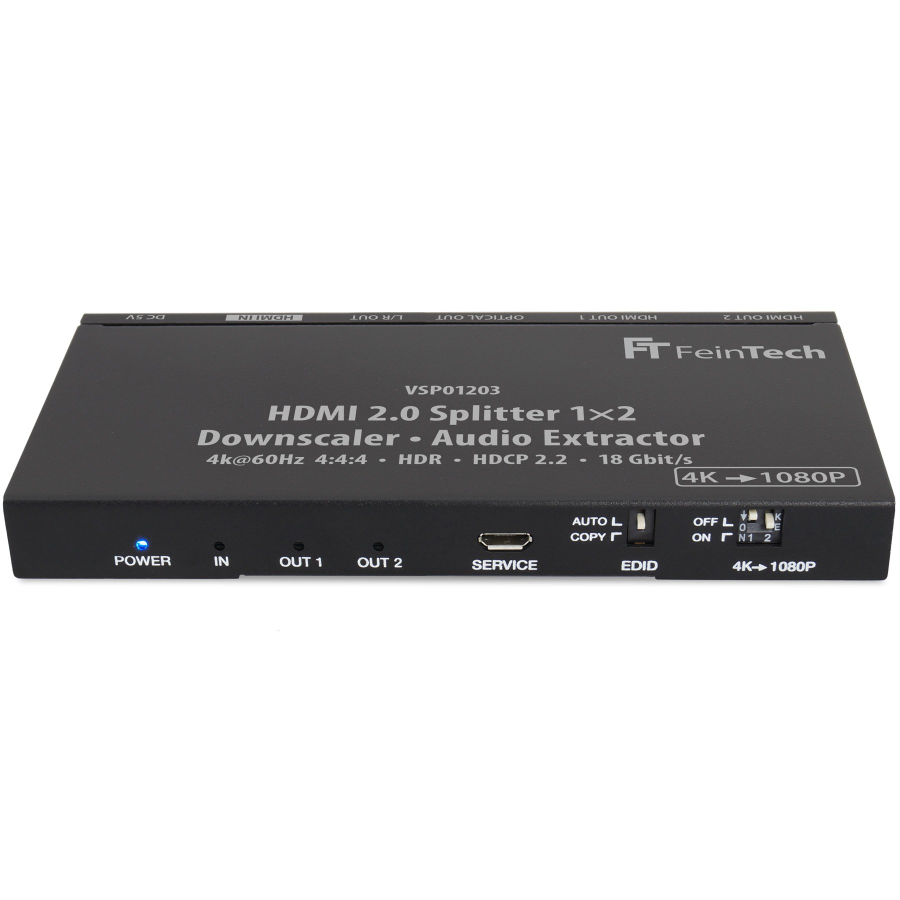 Ein schwarzer HDMI-Splitter mit mehreren Anschlüssen und Text, der seine Funktion angibt.