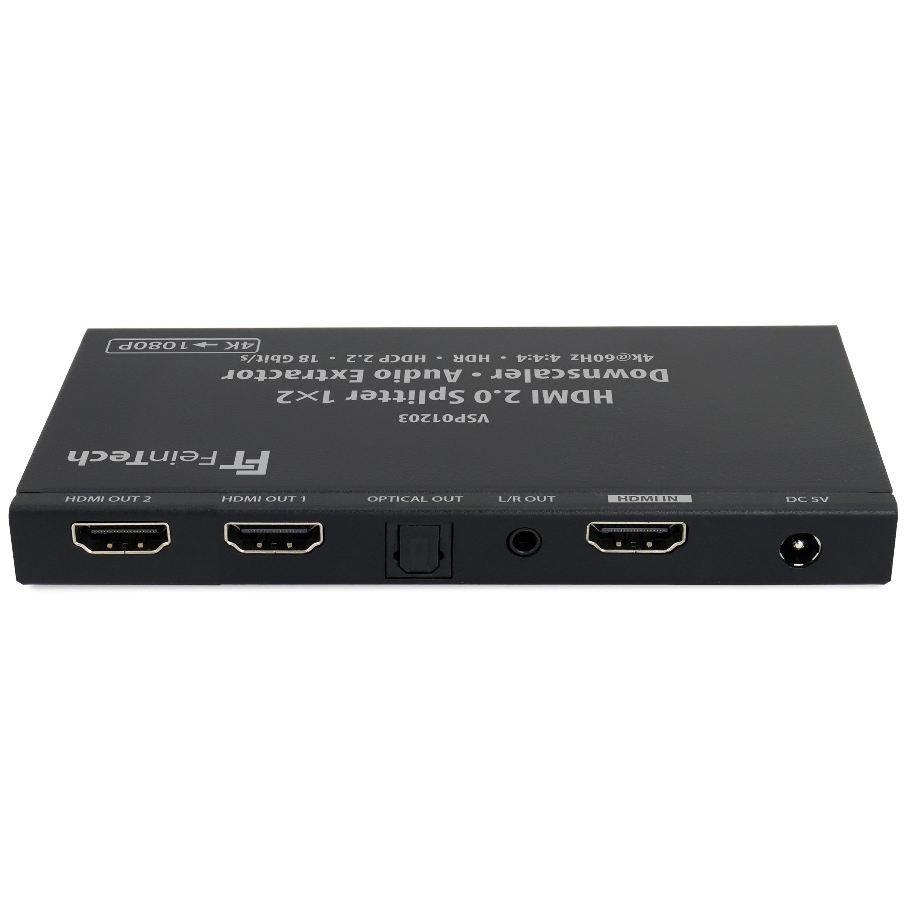 Ein schwarzer HDMI-Splitter mit mehreren Eingangs- und Ausgangsanschlüssen.