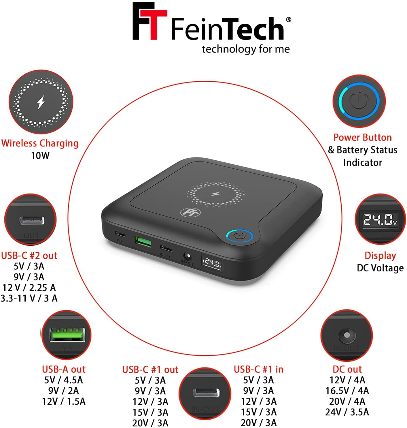 Schwarze Powerbank mit verschiedenen Anschlüssen und einem kabellosen Ladesymbol.