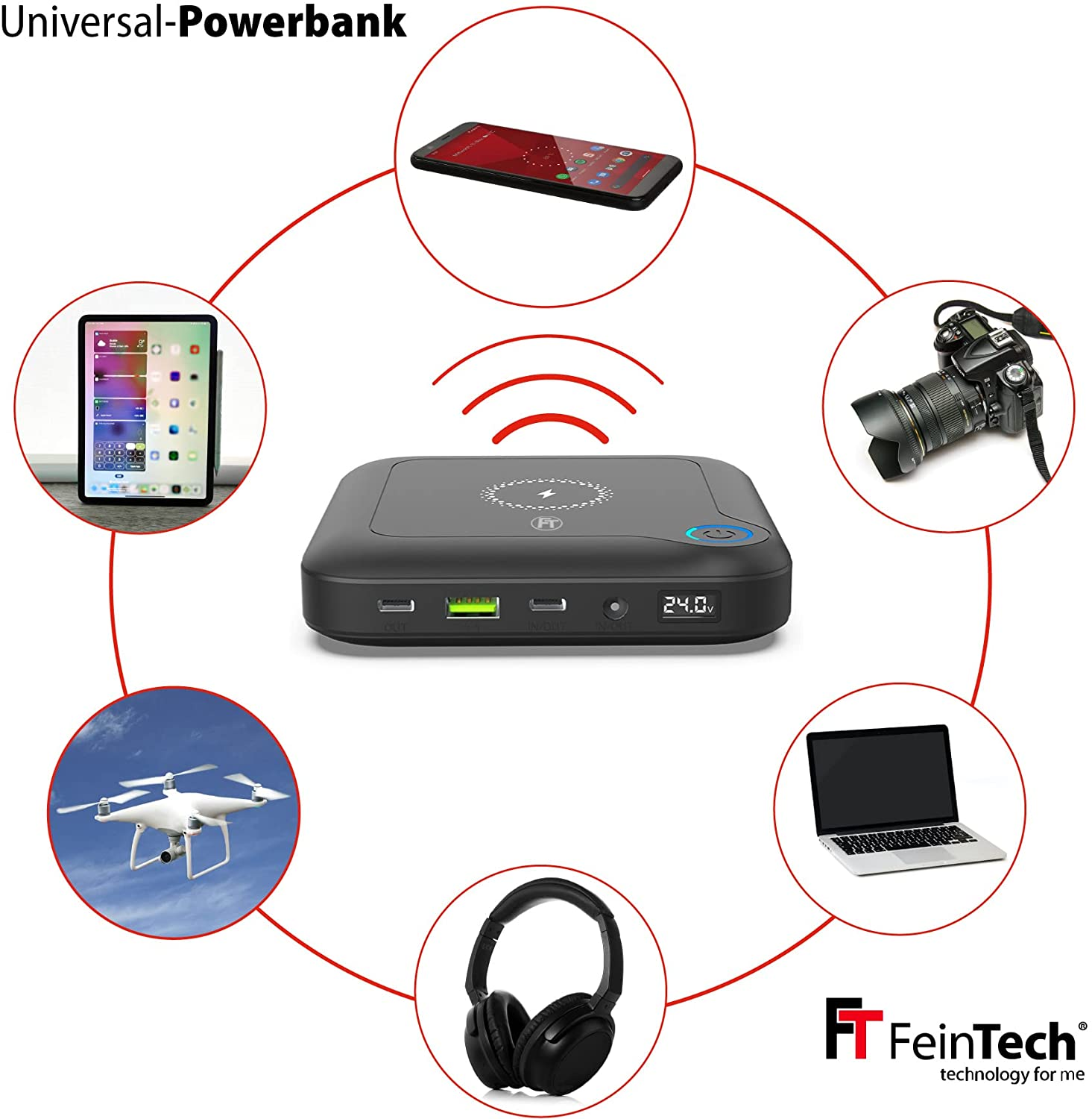 Eine schwarze Powerbank, umgeben von Geräten: Tablet, Telefon, Drohne, Laptop, Kopfhörer und Kamera.