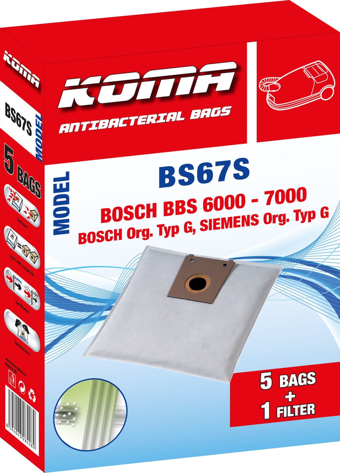 Karton mit KOMA BS67S Antibakteriellen Beuteln für Bosch Staubsauger. Enthält 5 Beutel und 1 Filter. Weißer Beutel, rote und blaue Box.