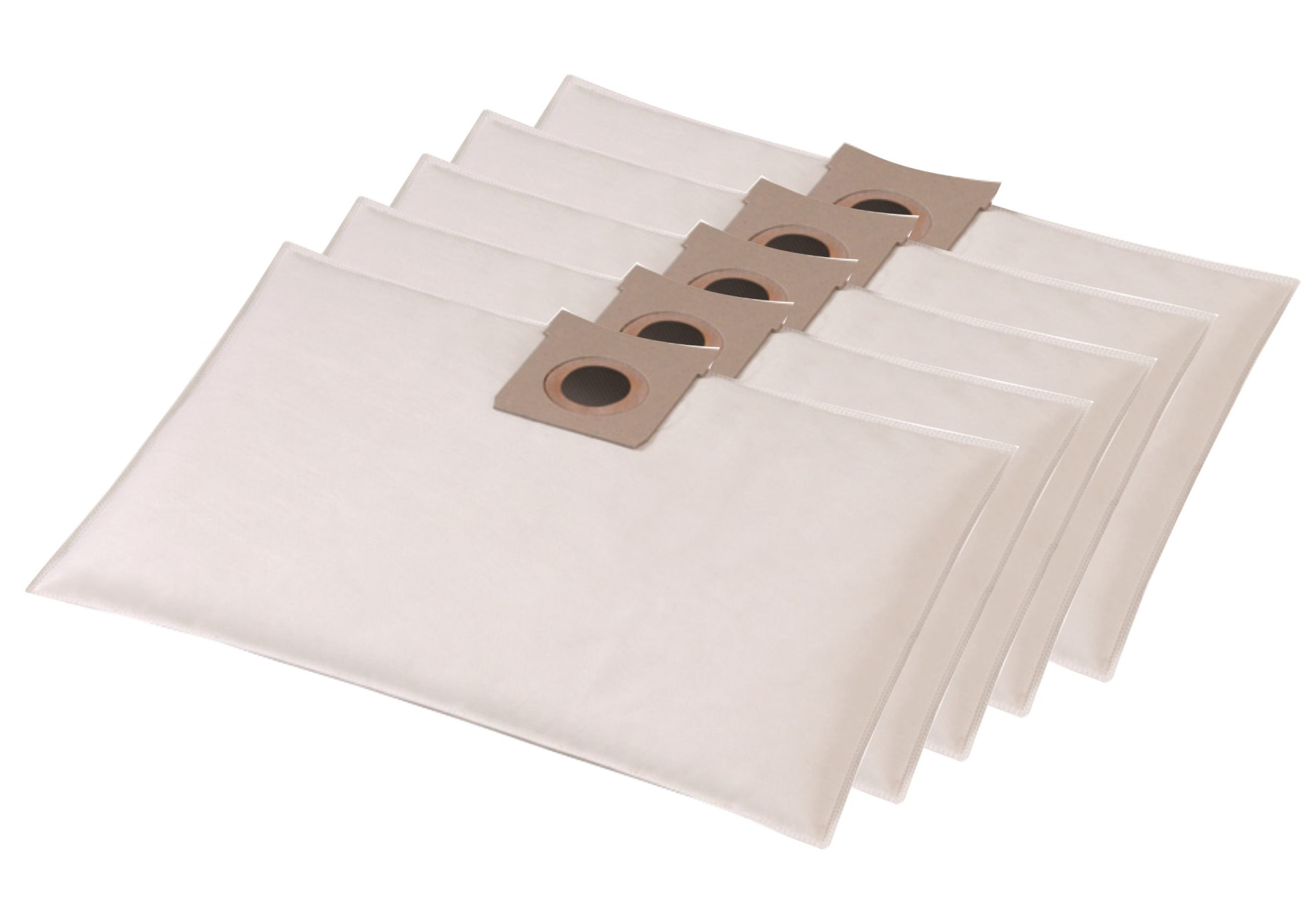 Sechs weiße Staubsaugerbeutel sind diagonal gestapelt. Jeder hat einen braunen Papierfilter mit einem zentralen Loch.
