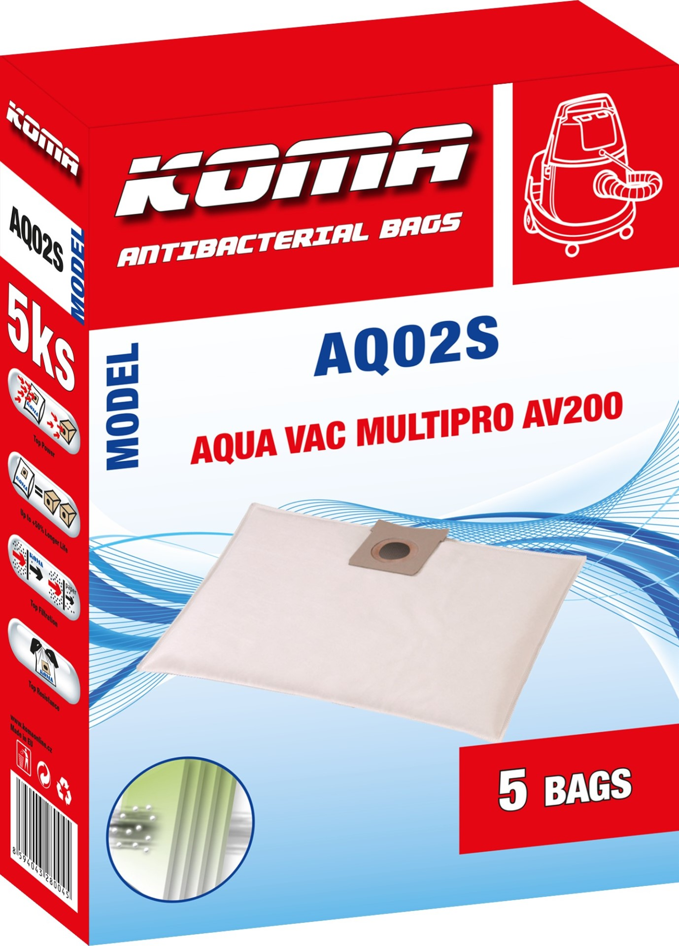 Schachtel mit Koma Antibakteriellen Beuteln, Modell AQ02S, mit Staubsaugerillustration und weißem Filterbeutel. Enthält 5 Beutel.