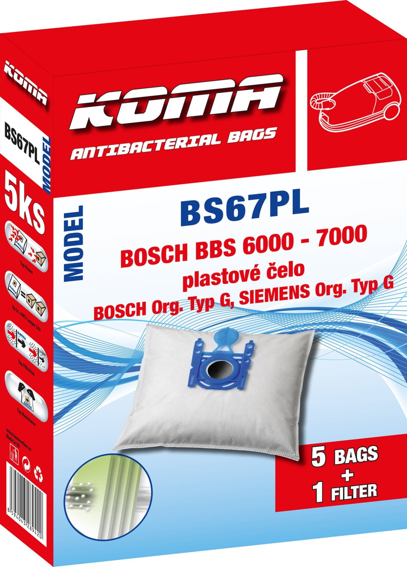 Eine rot-weiße Schachtel mit Text für Koma BS67PL Staubsaugerbeutel. Es zeigt einen Beutel und einen Filter.