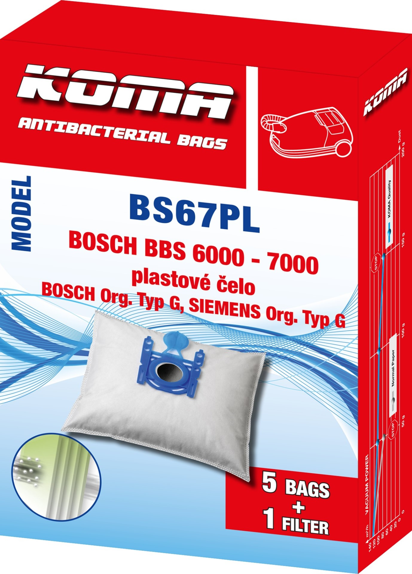 Staubsaugerbeutelbox. Rote und weiße Farben dominieren. Text enthält 'KOMA', 'BS67PL', '5 Beutel + 1 Filter'.