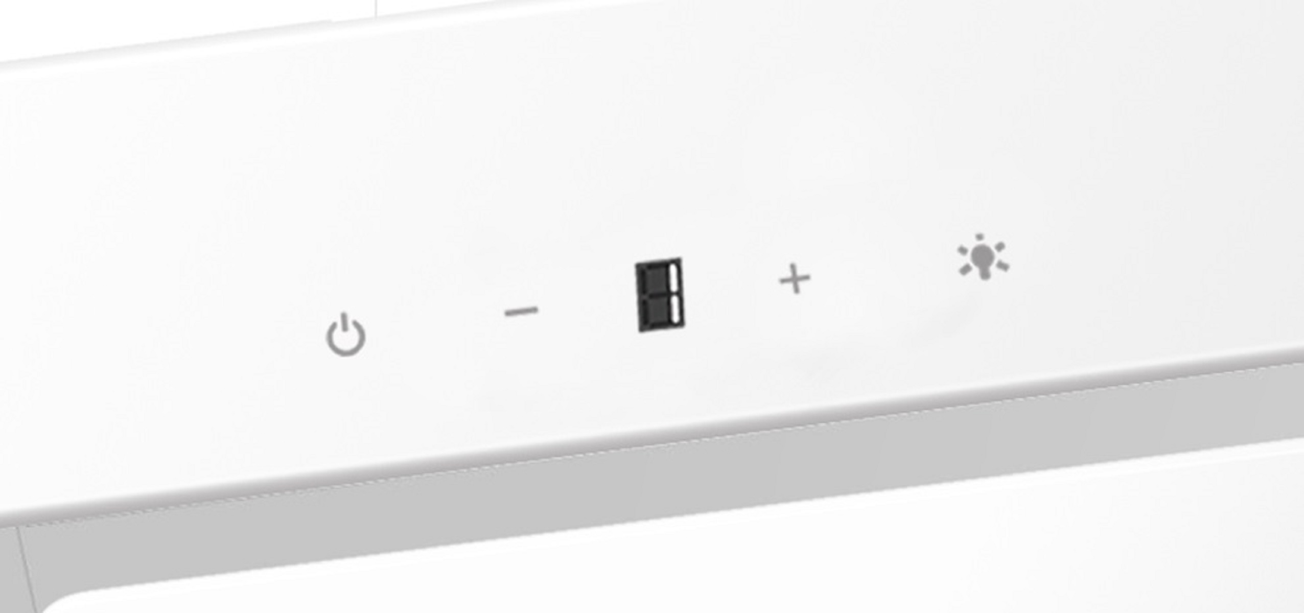 Nahaufnahme der Bedienelemente eines weißen Geräts mit Strom-, Minus-, Plus- und Lichtsymbolen.