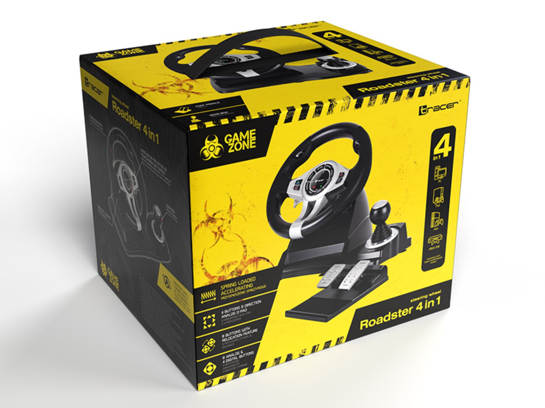 Game Zone Box mit Lenkrad und Gamecontroller. Die Box ist gelb und schwarz mit Text.