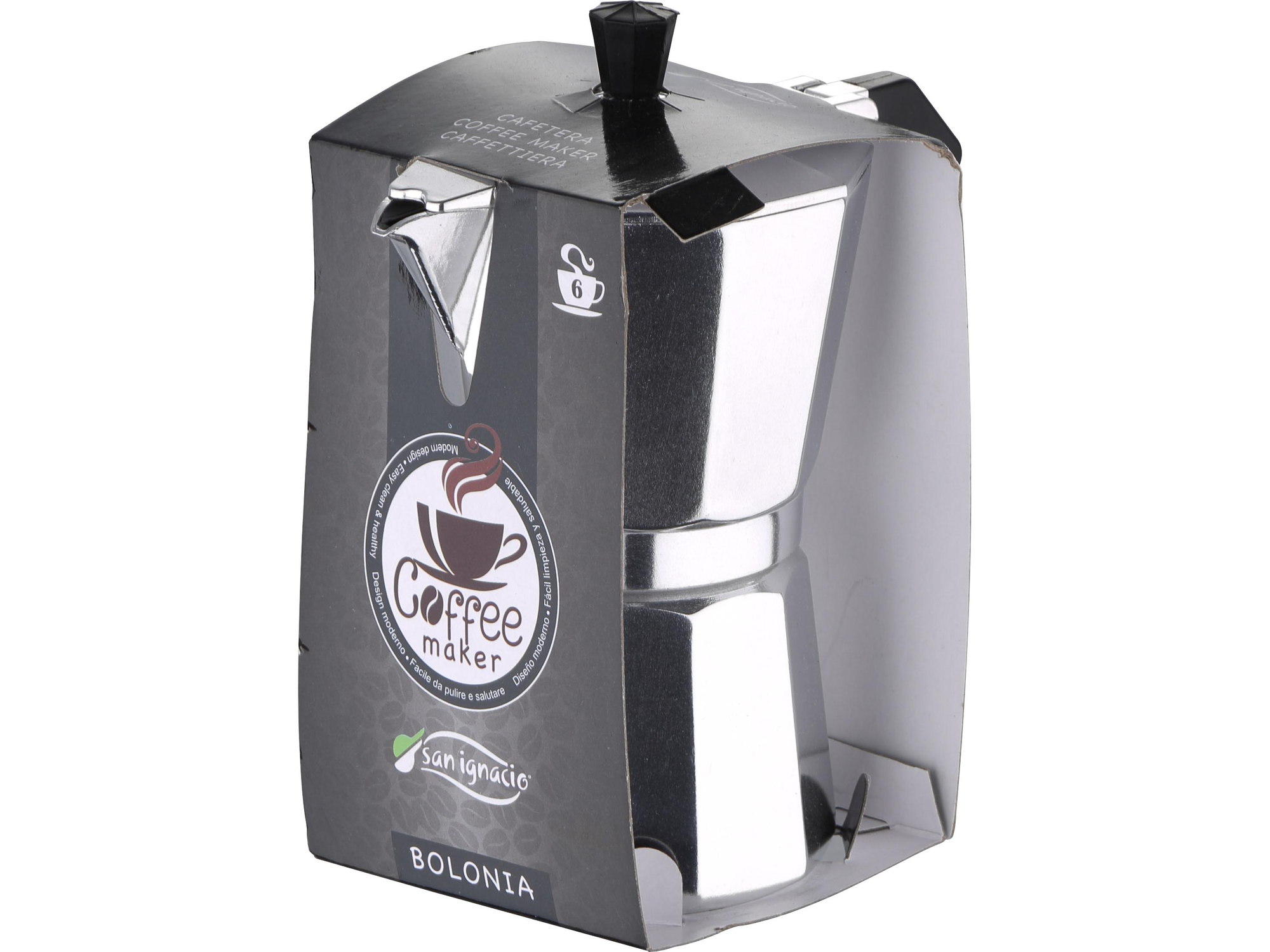 Una cafetera moka plateada en su caja con etiqueta de cafetera y la marca 'San Ignacio'.