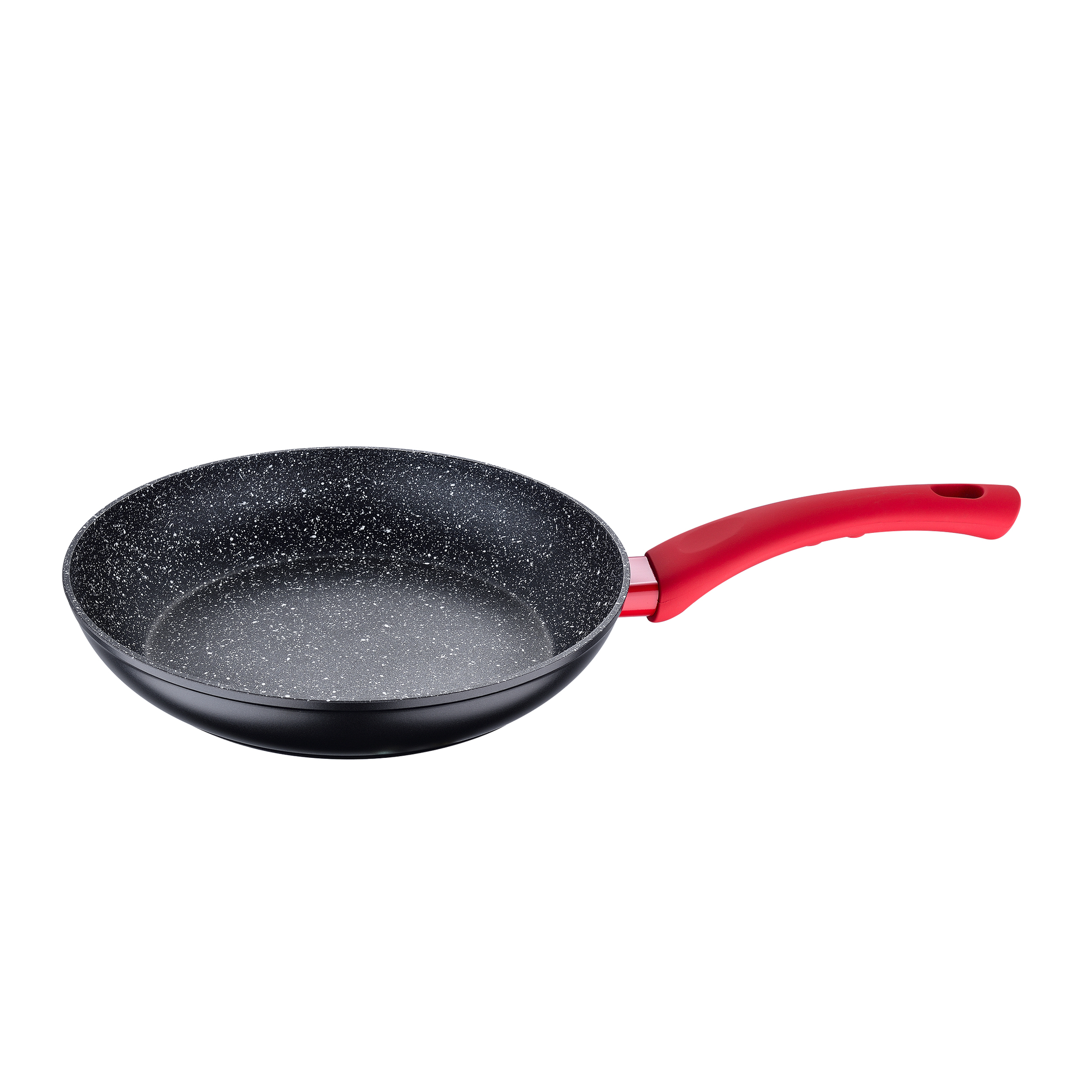 Sartén negra con mango rojo. Superficie antiadherente con motas blancas.