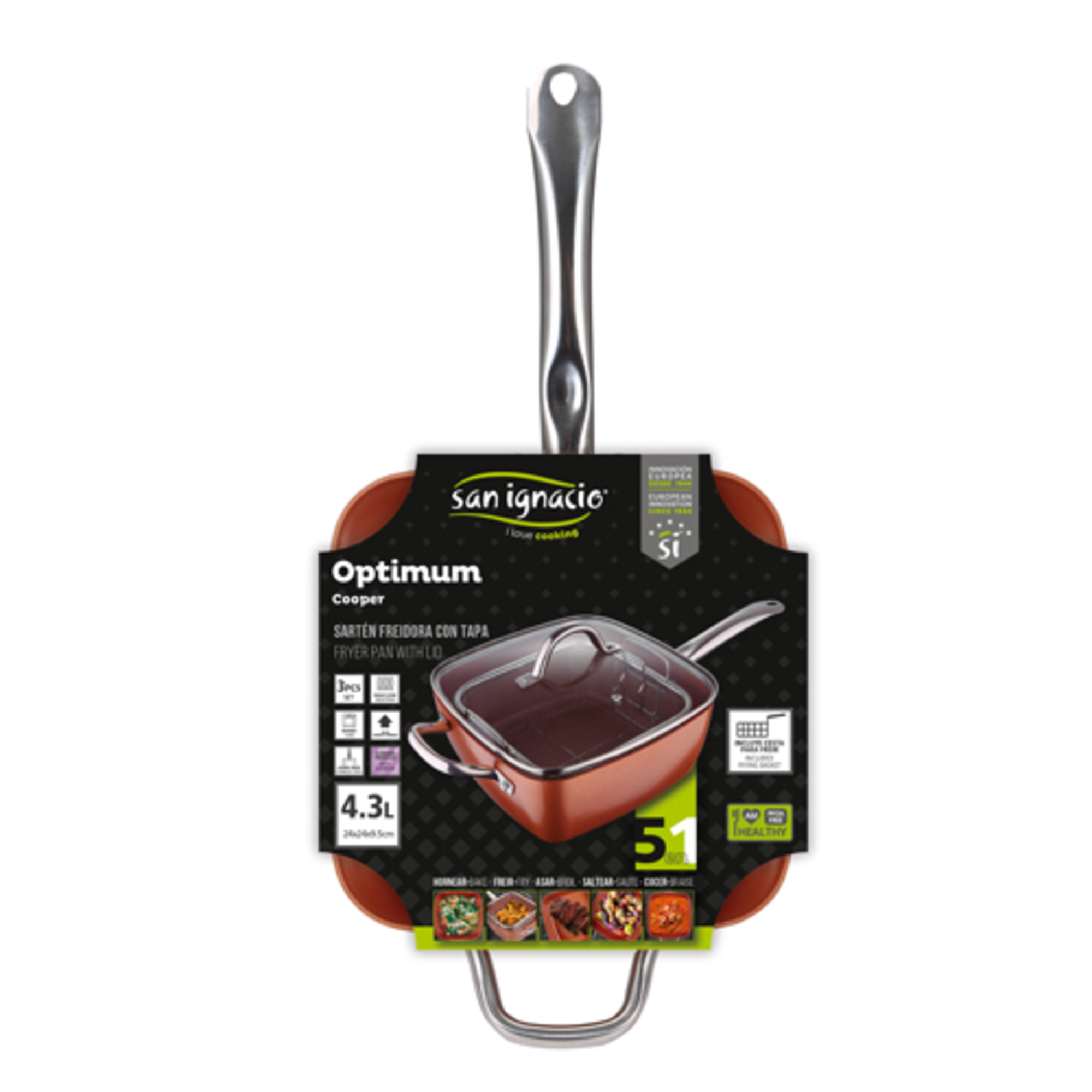 Sartén cuadrada con tapa, color cobre, con asa, etiqueta del producto adjunta, aislado.