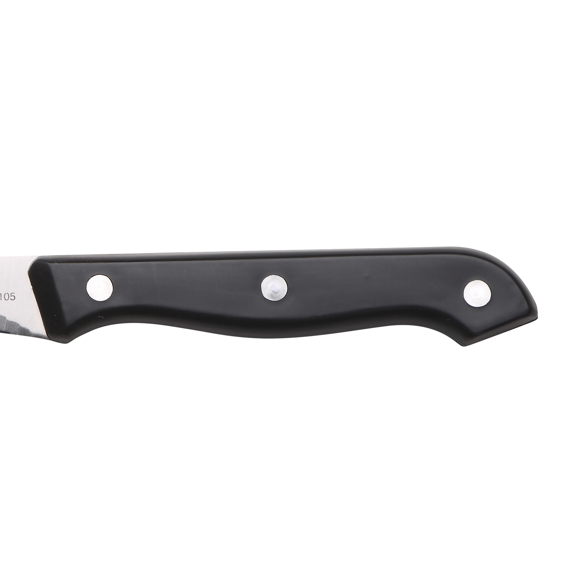 Primer plano de un mango de cuchillo negro con tres remaches plateados.