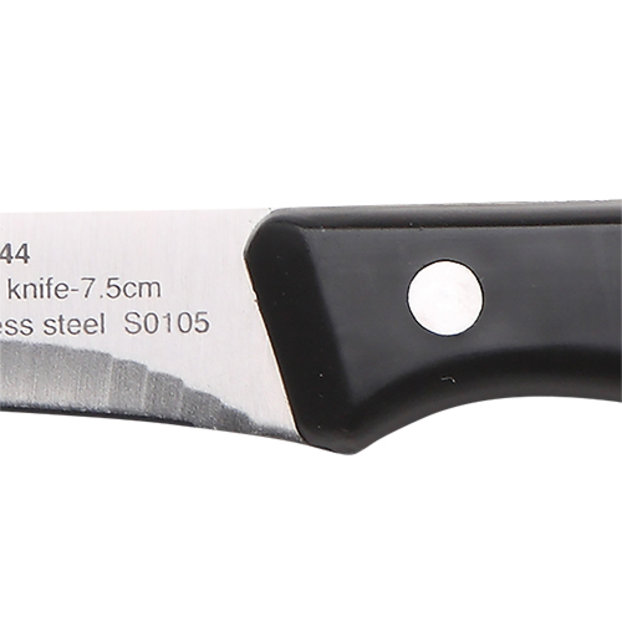 Primer plano de una hoja de cuchillo con mango negro. El texto en la hoja dice knife-7.5cm.