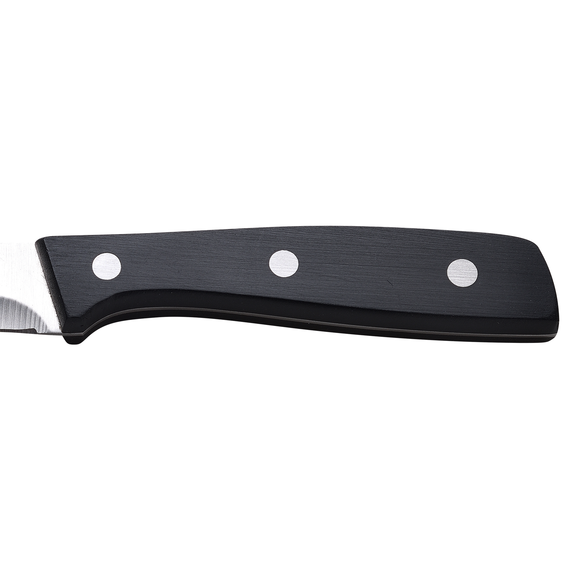 Un mango de cuchillo con tres puntos blancos. La hoja es visible. El mango es negro. Fondo blanco.
