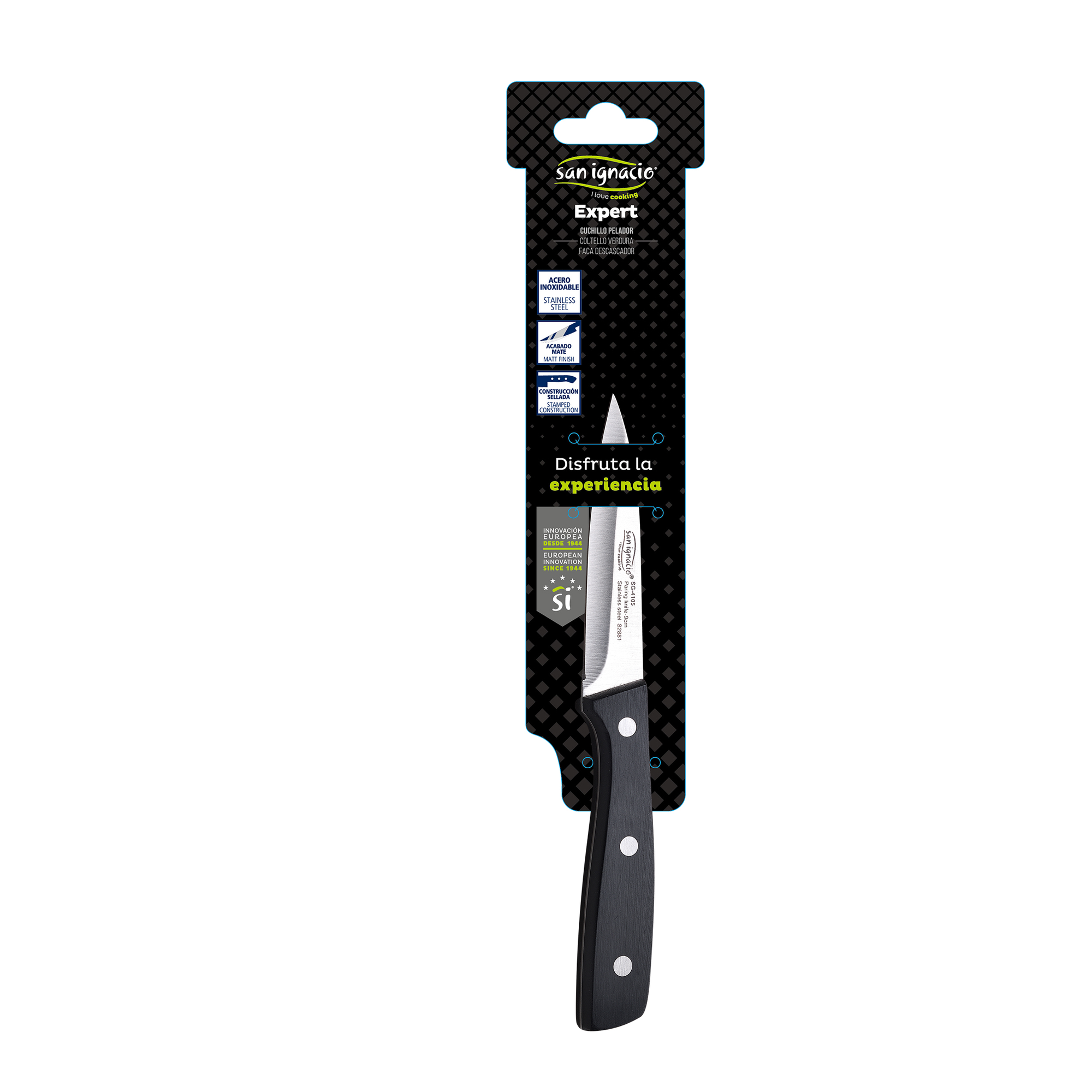 Cuchillo con mango negro en embalaje, con texto 