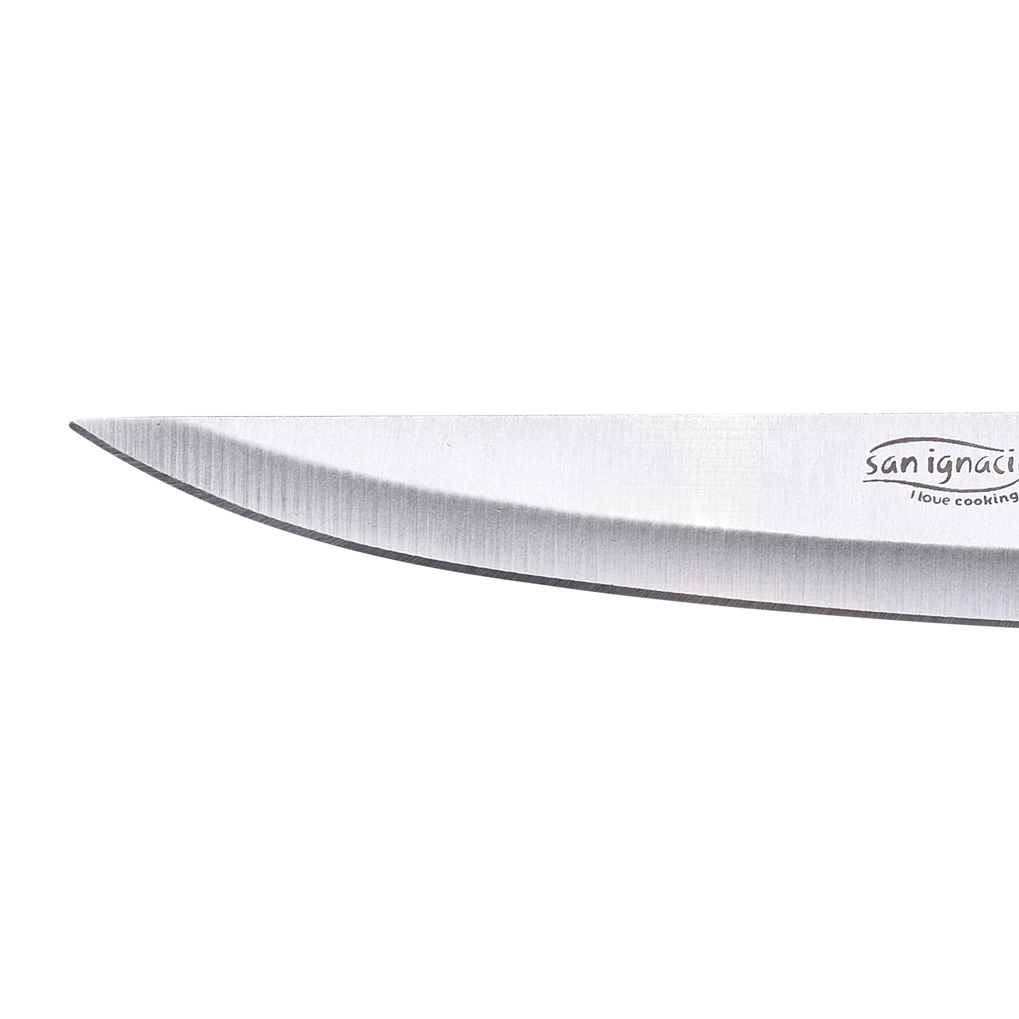Primer plano de una hoja de cuchillo de acero inoxidable con las palabras 'san ignaci'.