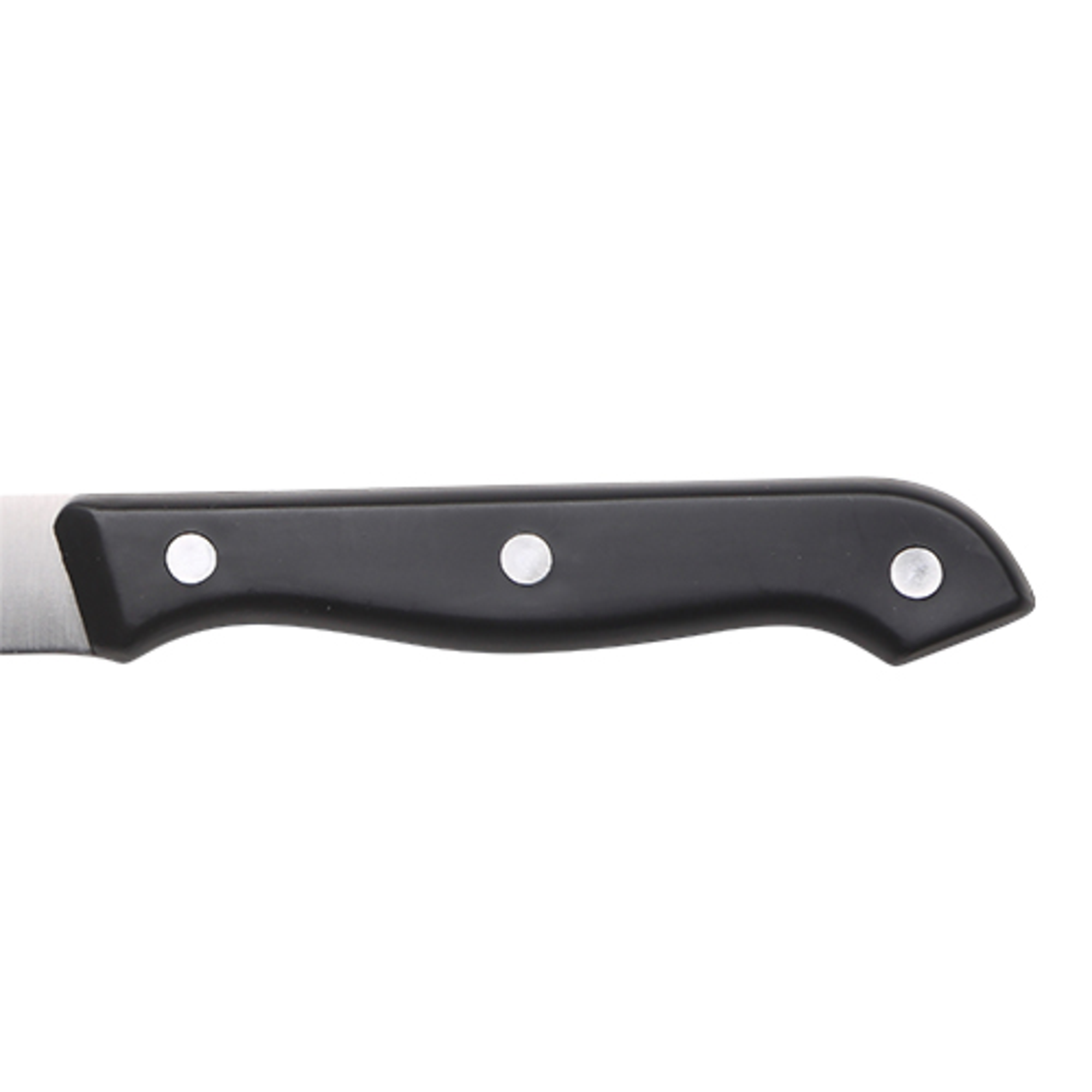 Un mango de cuchillo negro con tres remaches plateados sobre fondo blanco.
