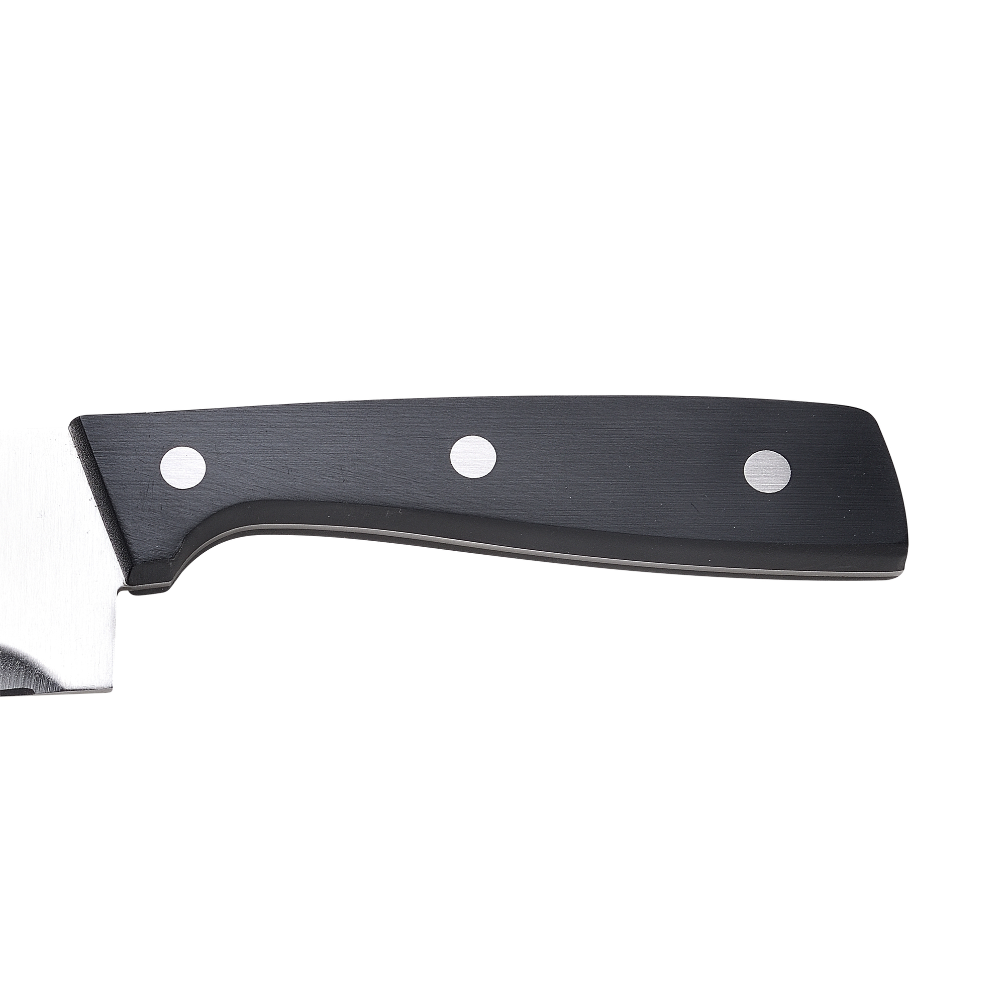 Primer plano de un mango de cuchillo, negro con tres remaches plateados, sobre fondo blanco.