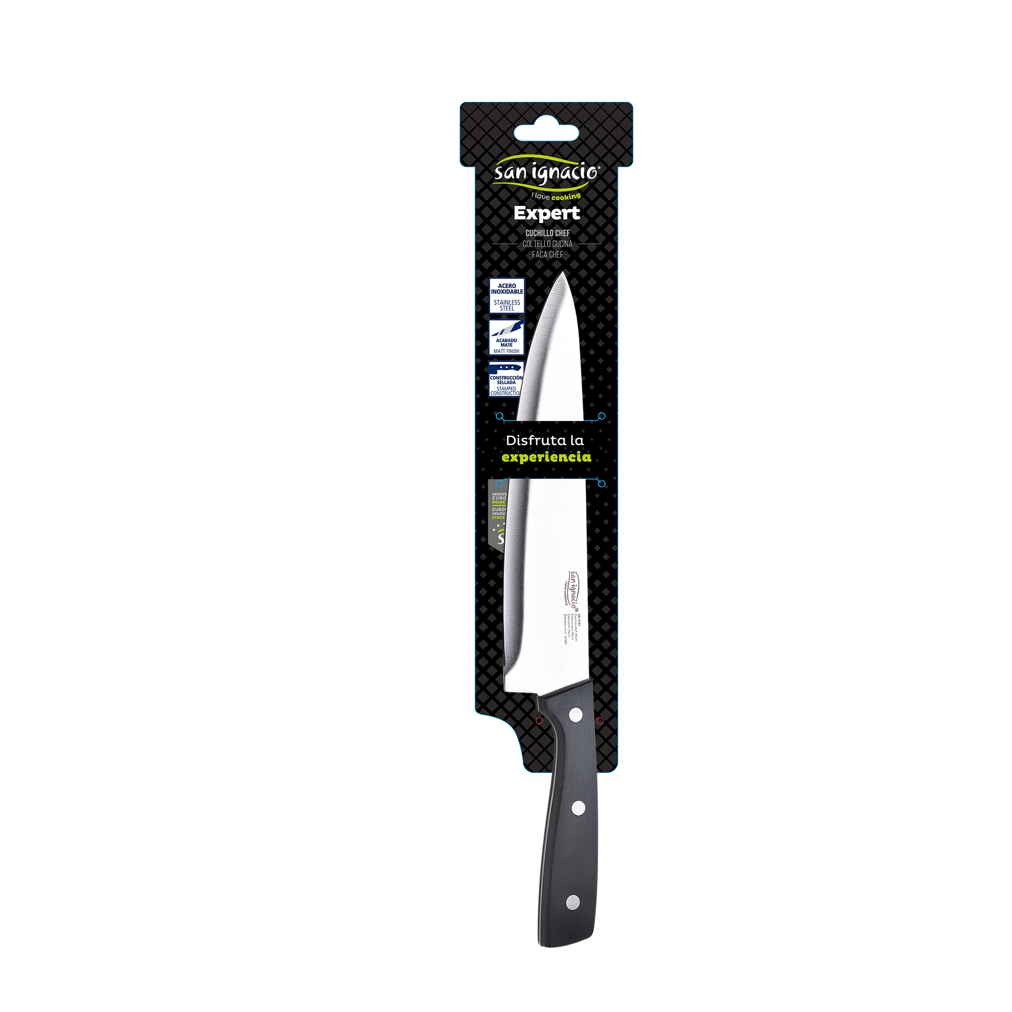 Un cuchillo de cocina en un paquete blanco y negro. El cuchillo tiene un mango negro y una hoja plateada.