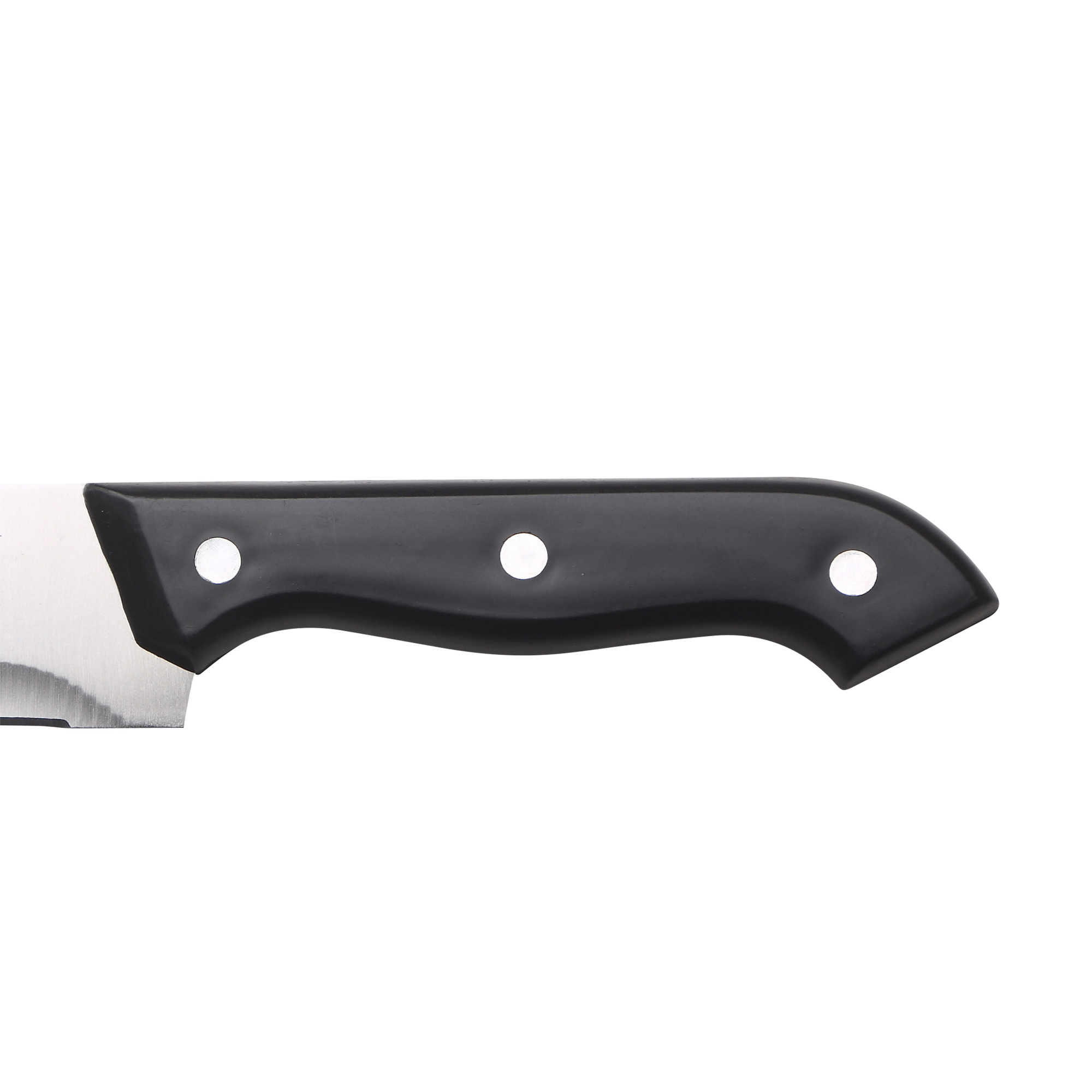 Primer plano de un cuchillo negro con una hoja plateada.
