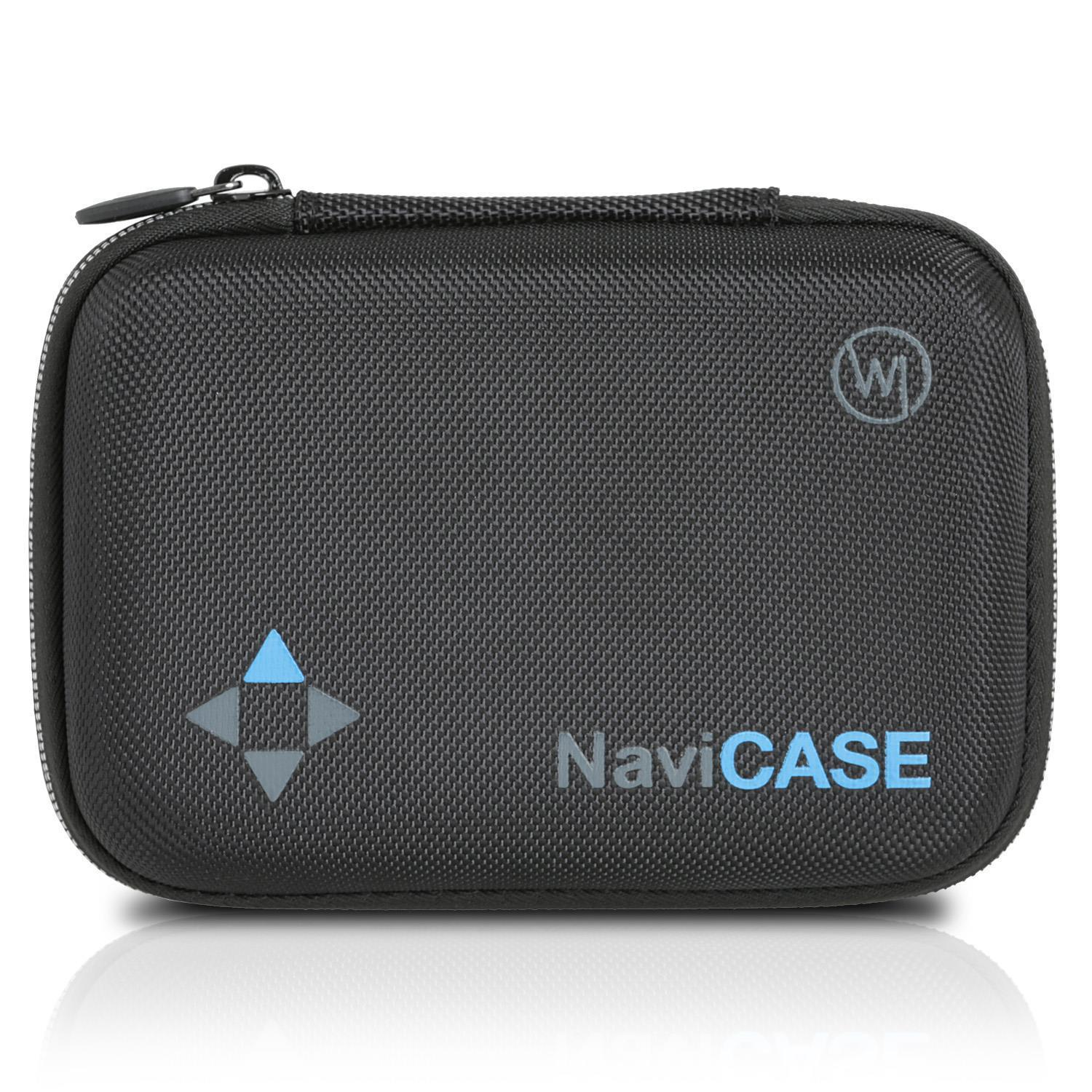 Schwarze NaviCASE-Hülle mit Reißverschluss, Logo und Reflexion.