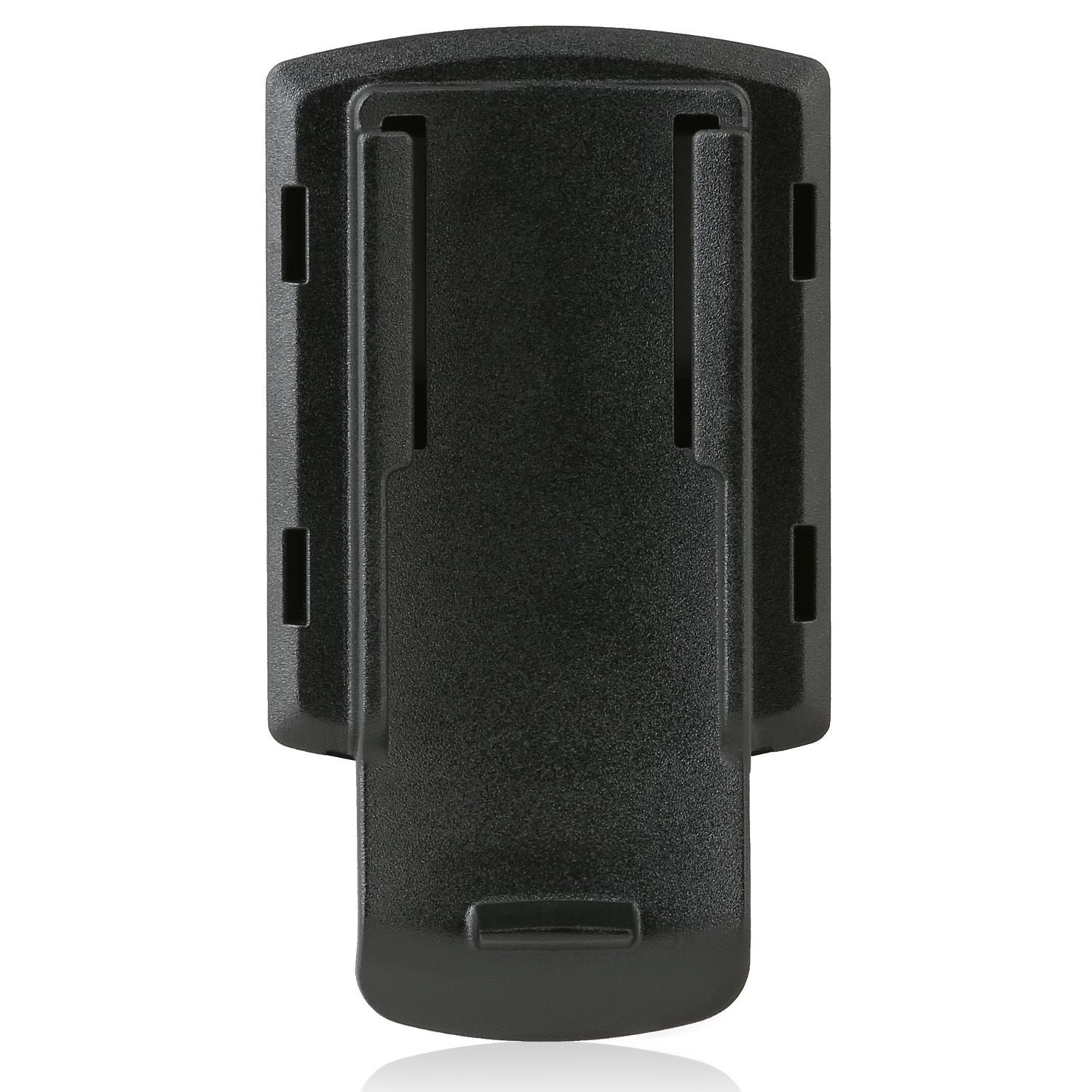 Schwarze Kunststoffholster mit zwei Schlitzen und einem Clip, von hinten betrachtet.